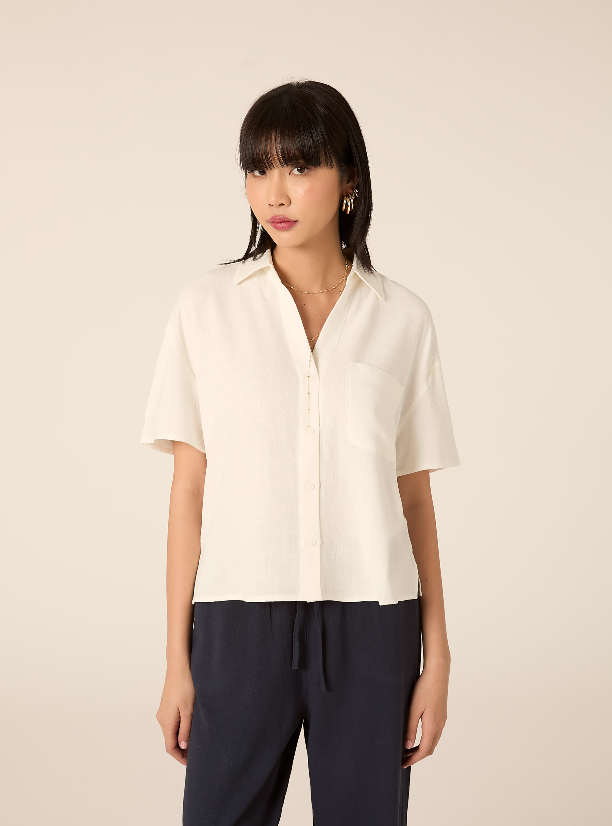 Camisa cropped de mezcla de lino, WH2 WHITE
