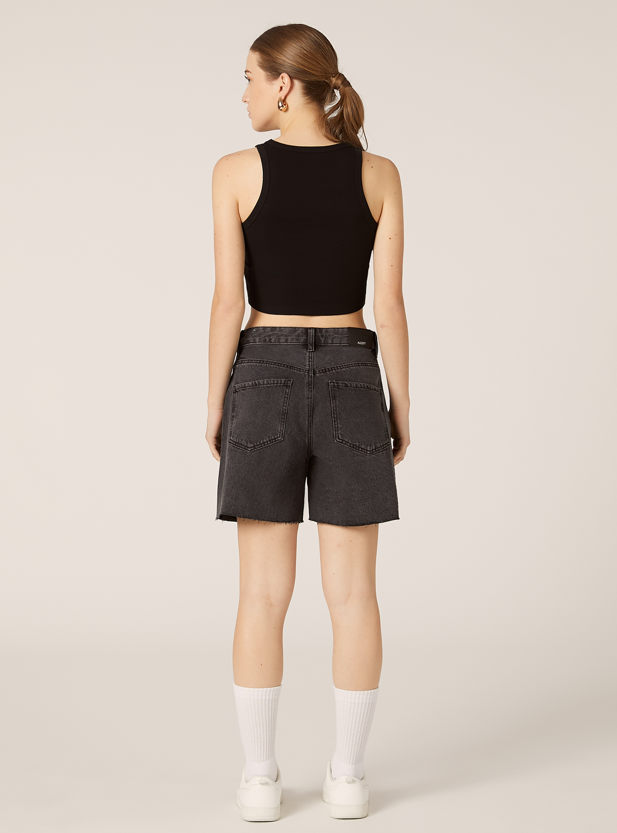 Longline denim shorts with rhinestones, D000 BLACK