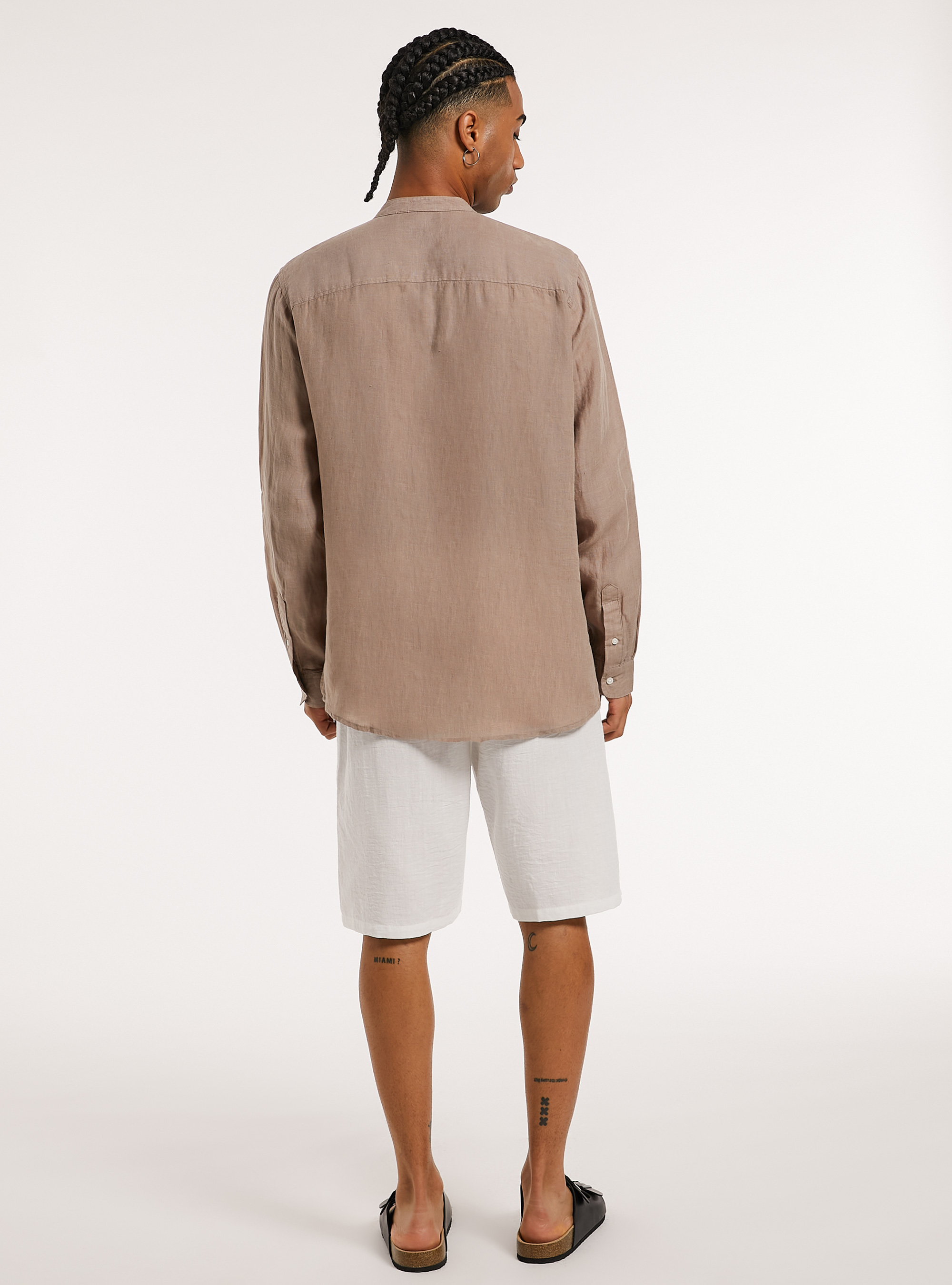 Camicia 100% lino collo coreano, BG1 BEIGE DARK