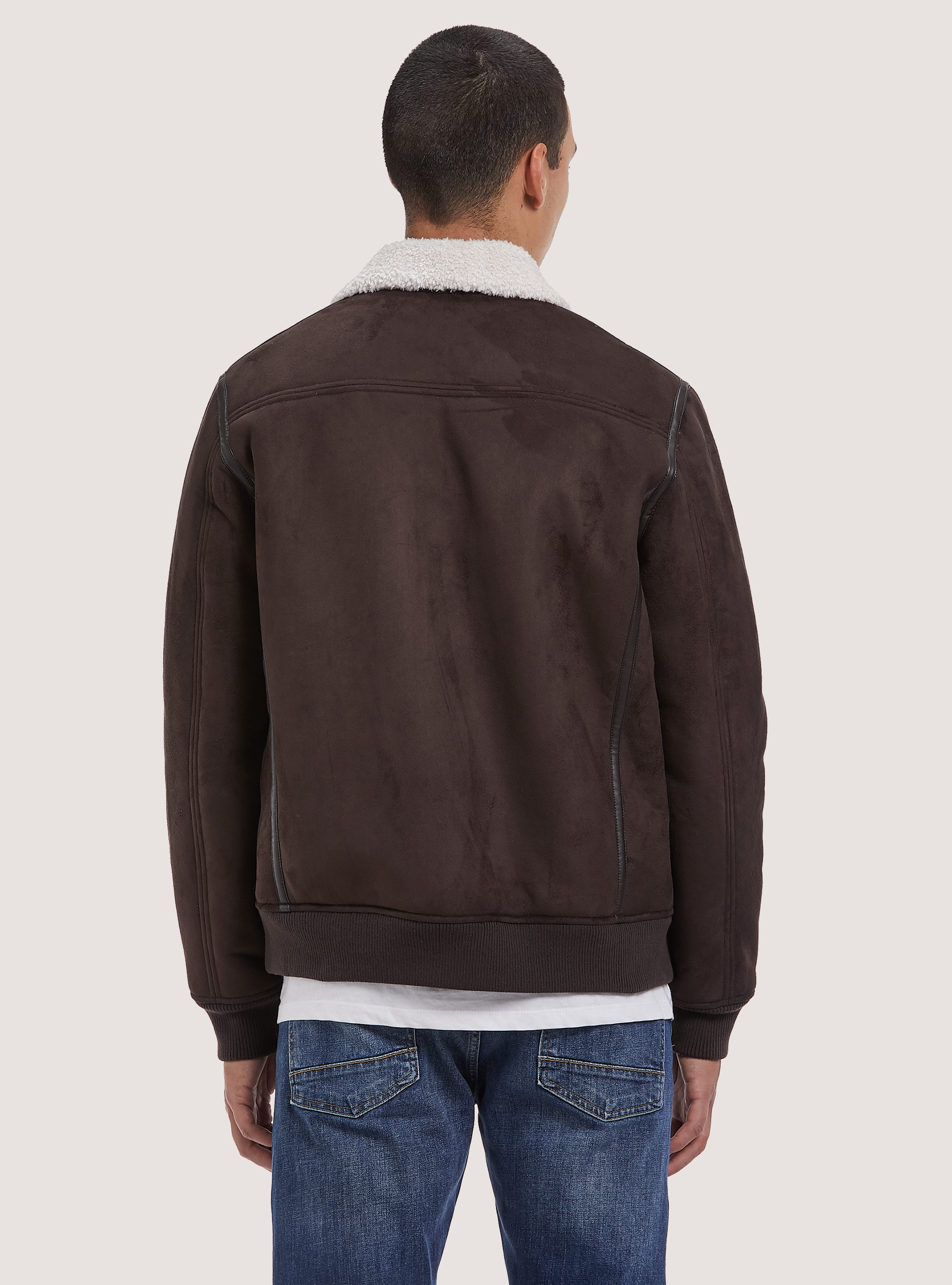 Giubbotto effetto suede con collo agnellato, BR1 BROWN DARK