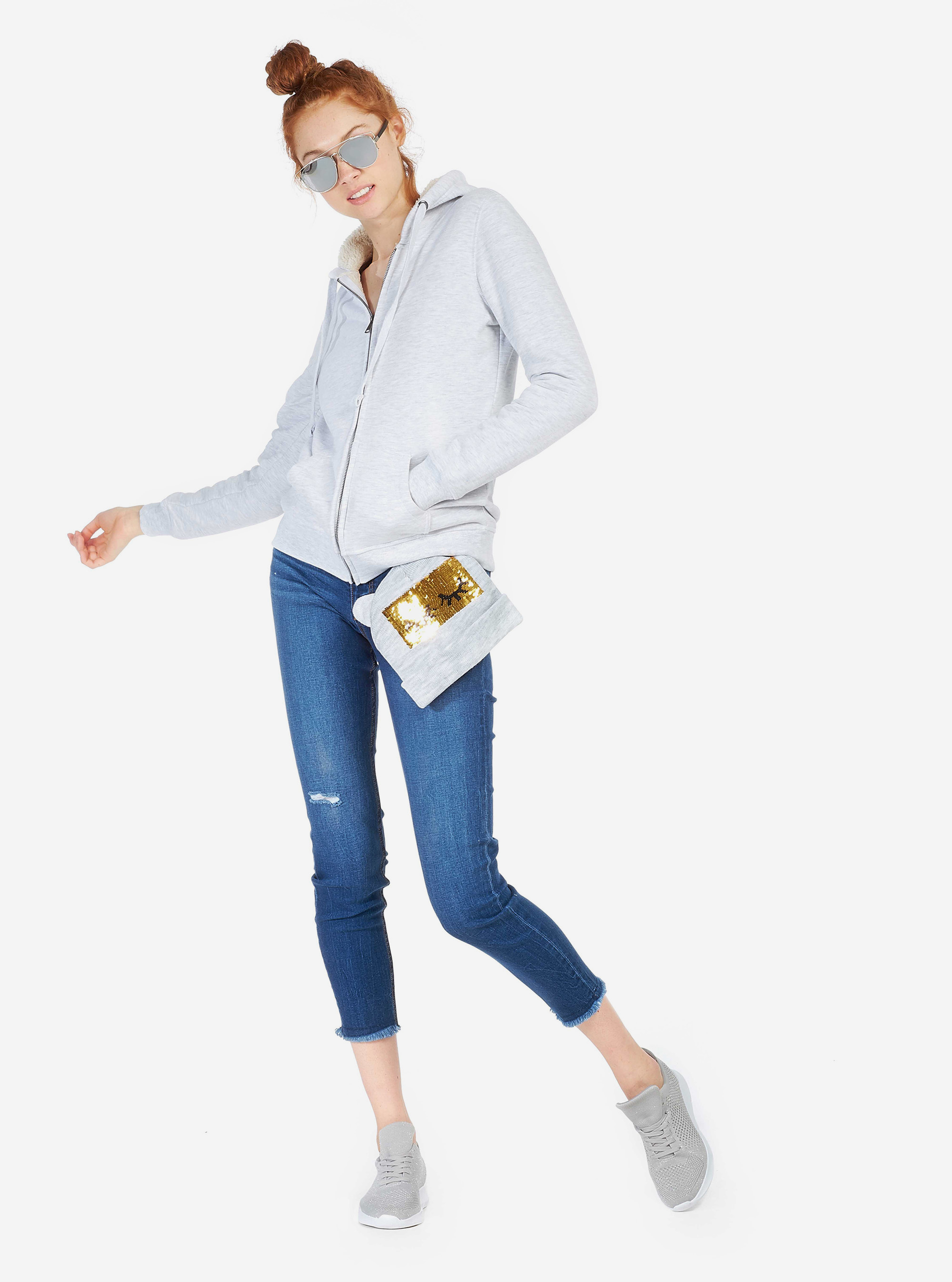 SWEATSHIRT WITH ZIPPER, HOOD  AND FAKE FUR, C140 WHITE M