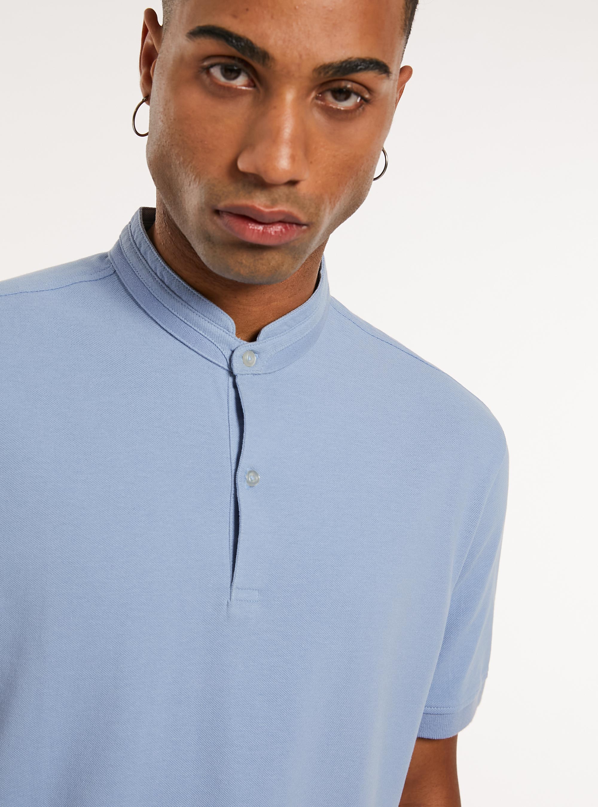 Mandarin Collar Cotton Polo Shirt, AZ2 AZURE MEDIUM