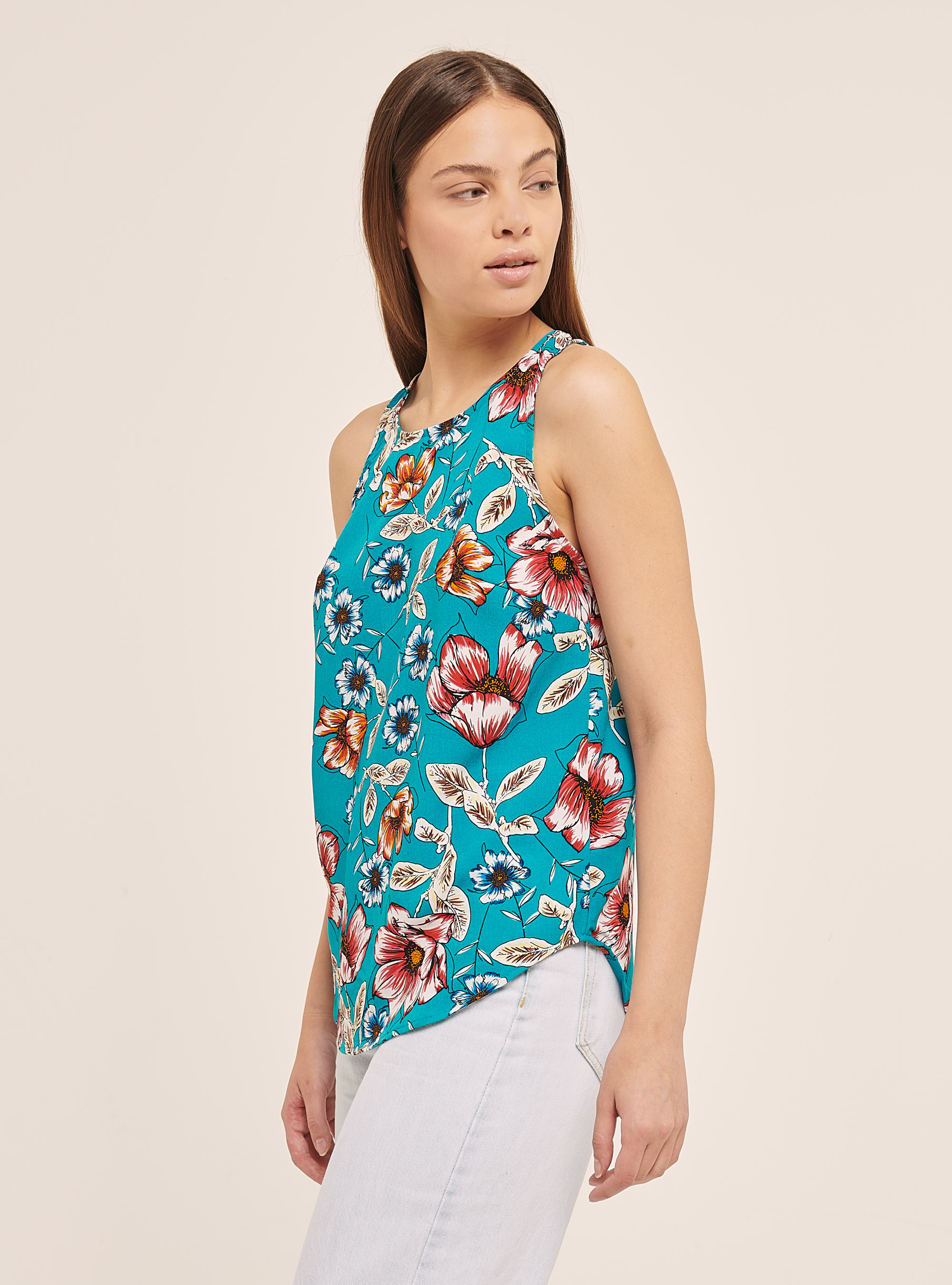 Blouse with floral print and zip at the back, FLOWER GREEN