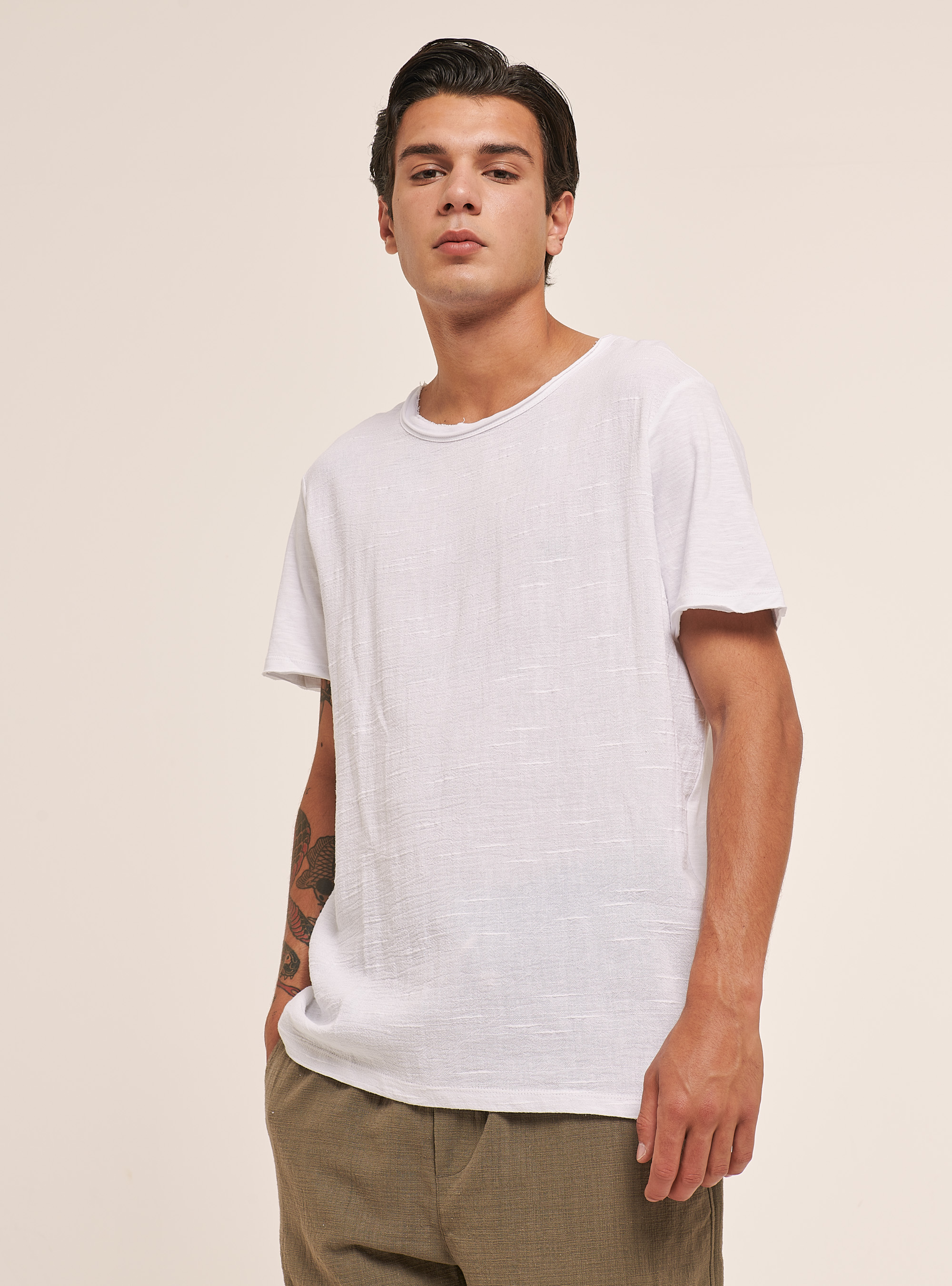 Linen-blend T-shirt in slub fabric, WHITE