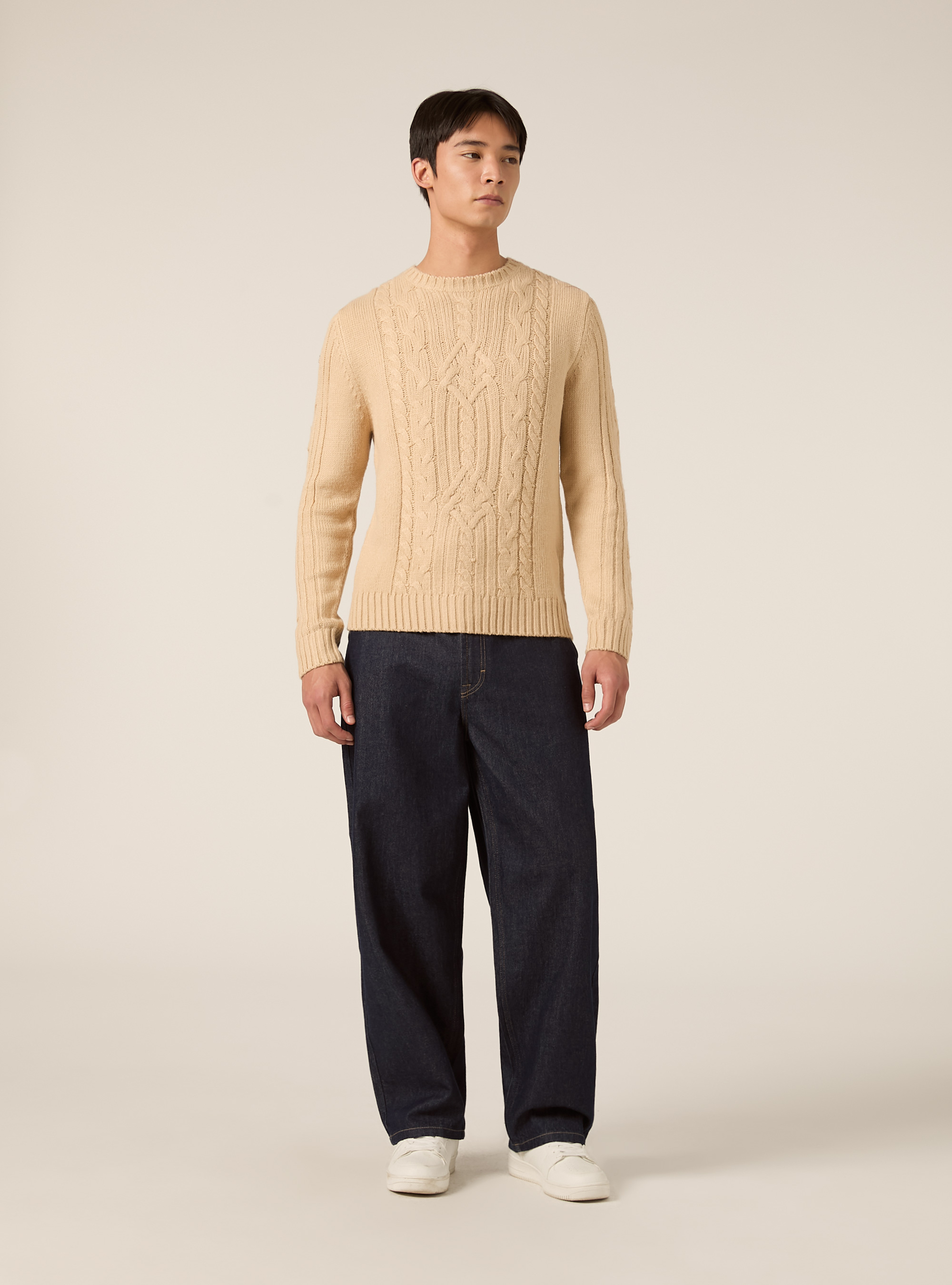 Crew neck jumper with cable knit, TB2 TOBACCO MEDIUM