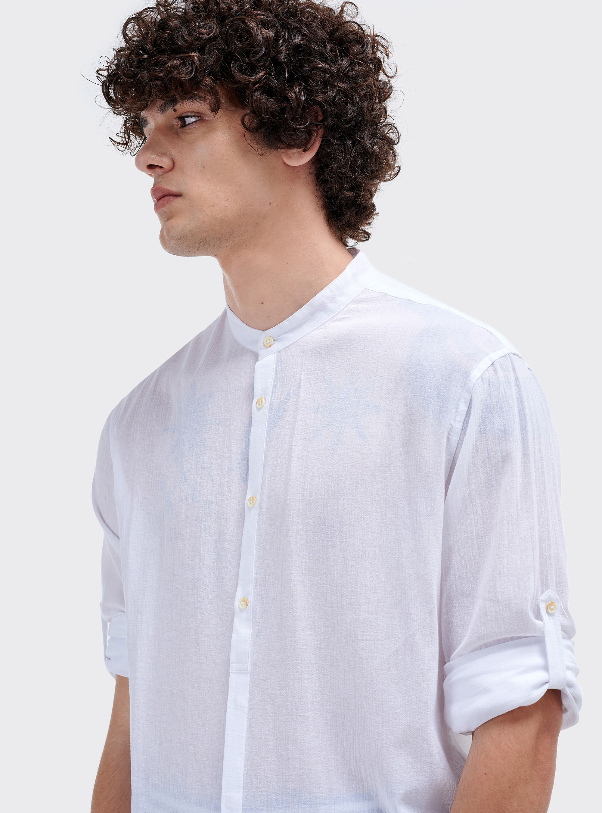 Chemise col mao à manches longues, C099 WHITE