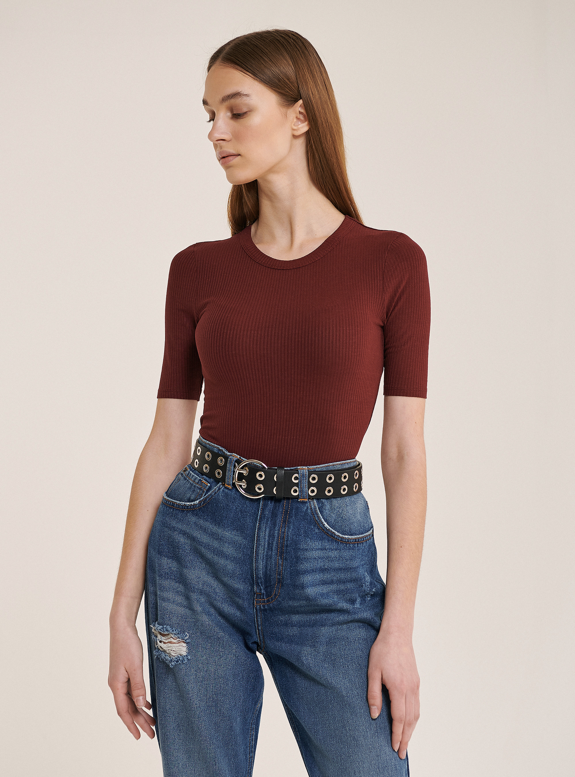 Ribbed half sleeve body in cotton, BORDEAUX