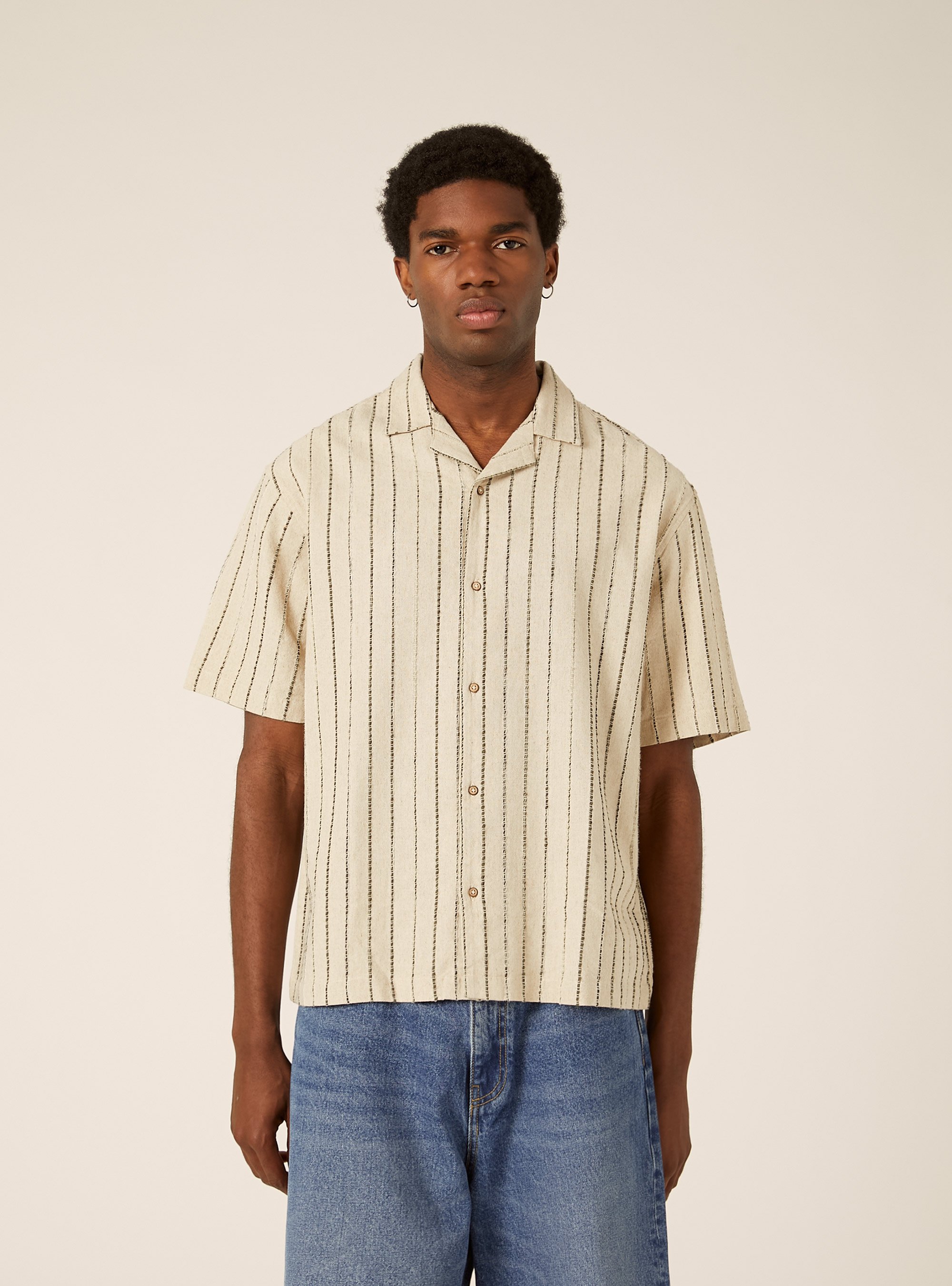 Camicia in misto lino rigata, BG3 BEIGE LIGHT