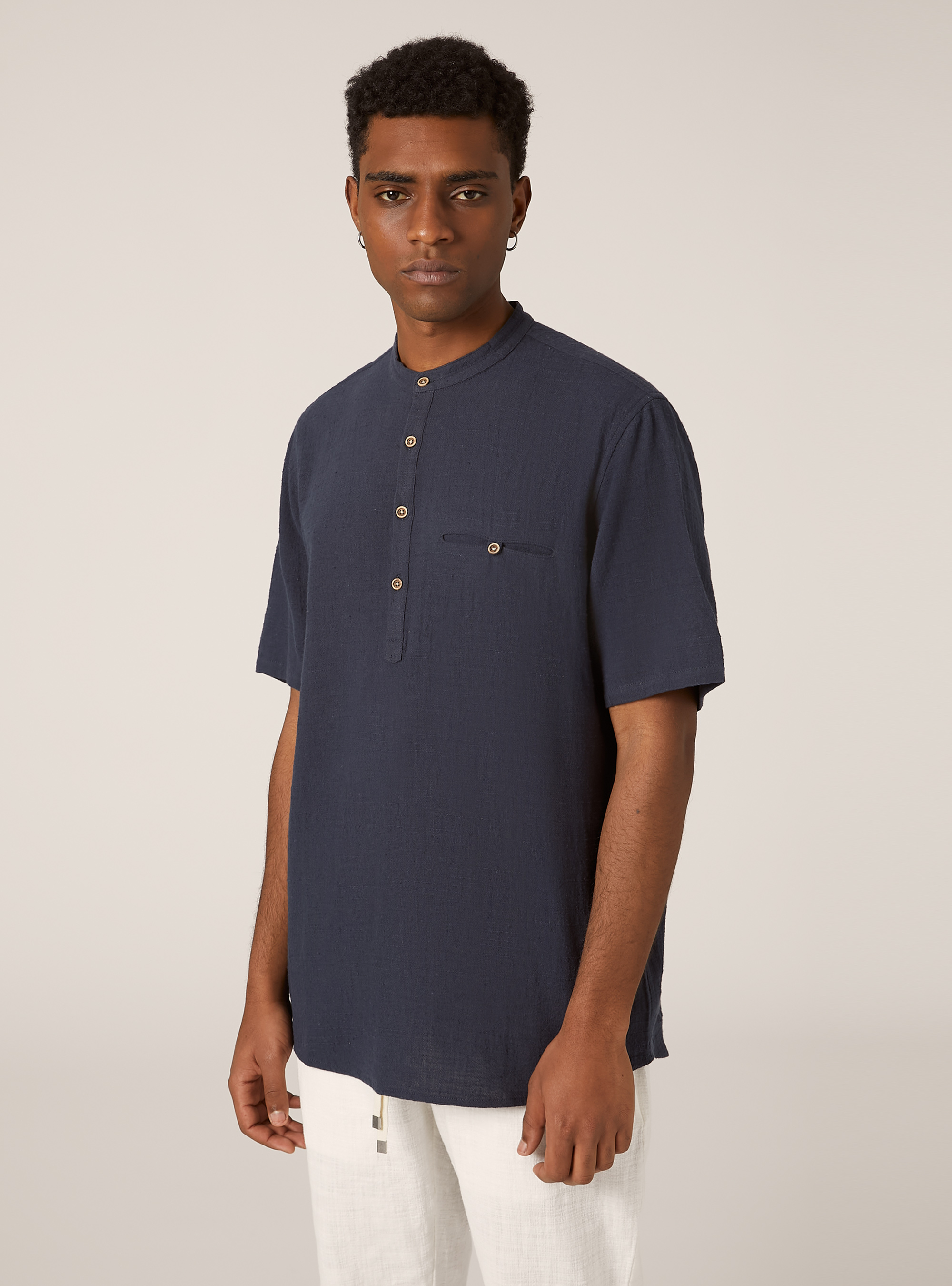 Linen blend shirt with Korean collar, NA2 NAVY MEDIUM