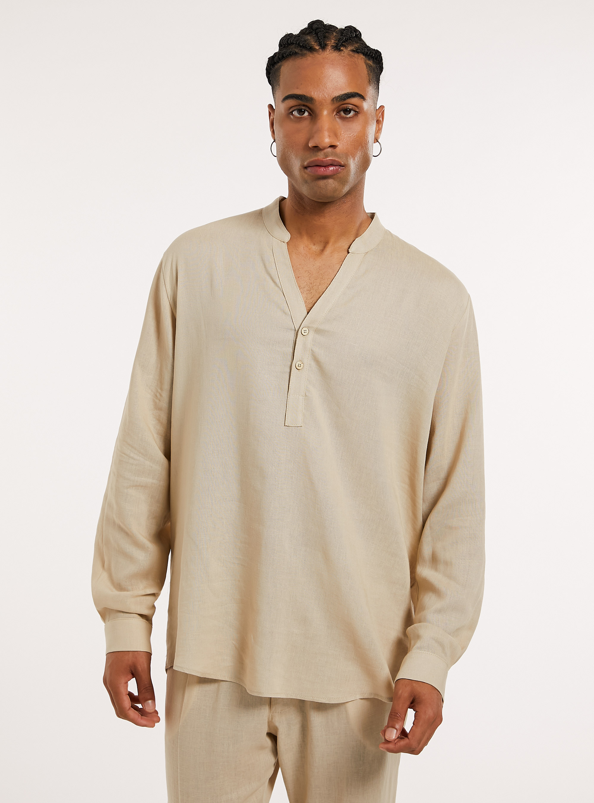 Hemd aus Leinenmischung mit koreanischem Kragen, BG2 BEIGE MEDIUM