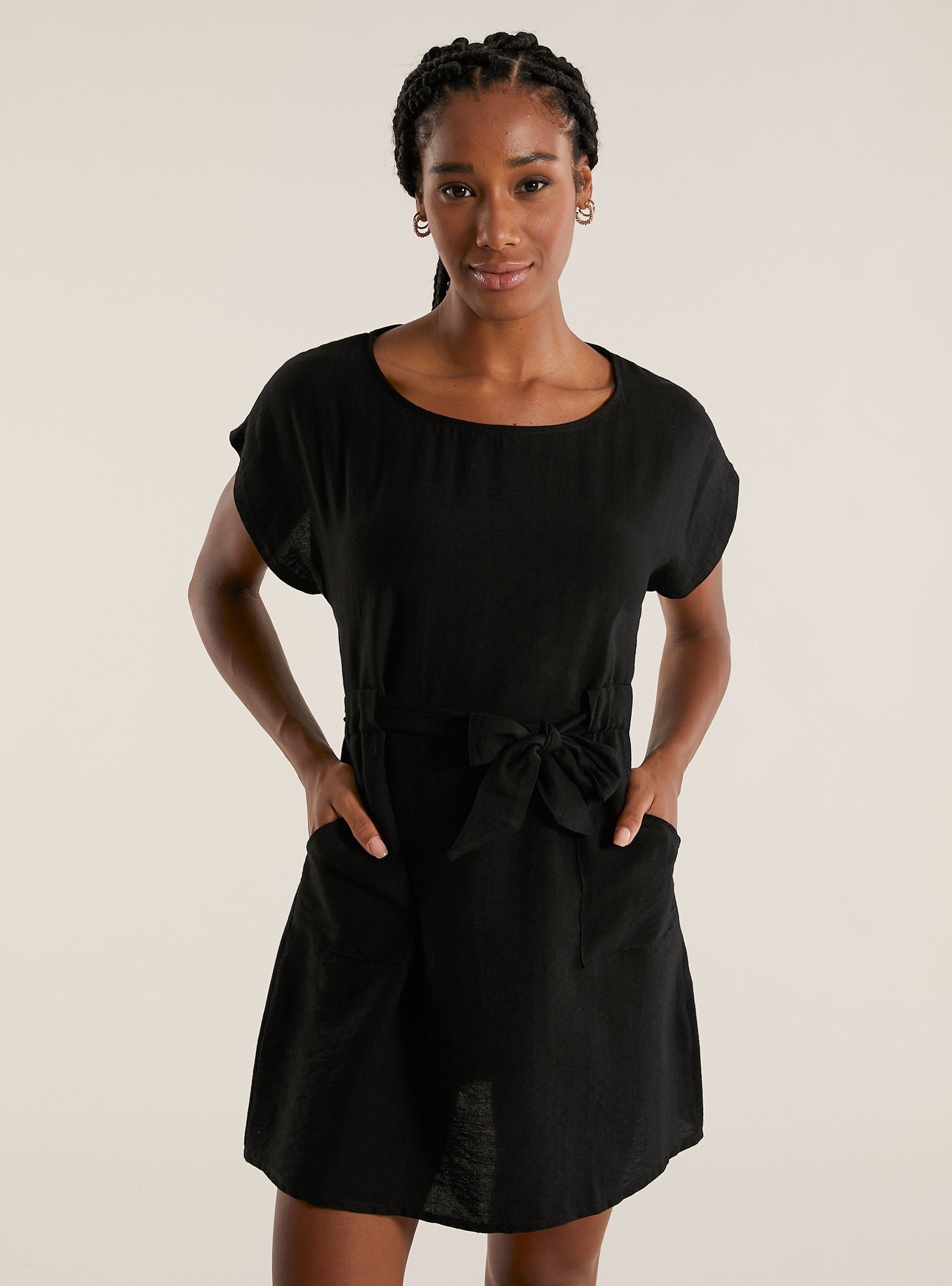 Short dress with belt, BK1 BLACK