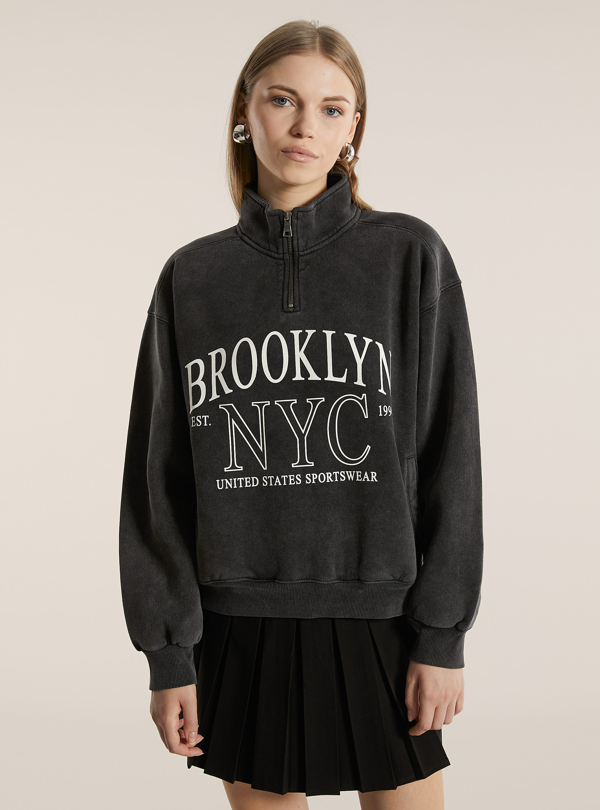 Half-neck sweatshirt with zip, BK1 BLACK