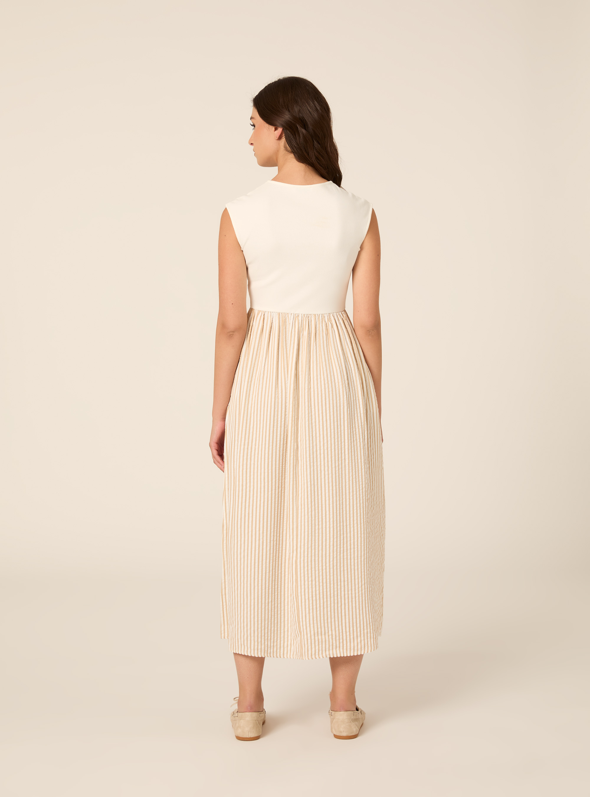 Robe Midi Bi-Mati&egrave;re Sans Manches &agrave; Rayures, WH1 OFF WHITE