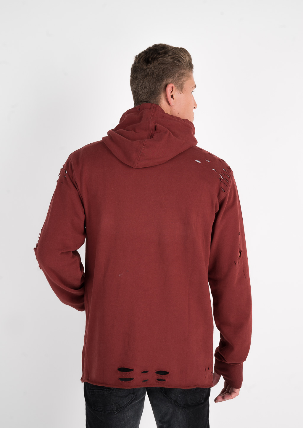 Hoodie with rips and print, C3336 BORDEAUX