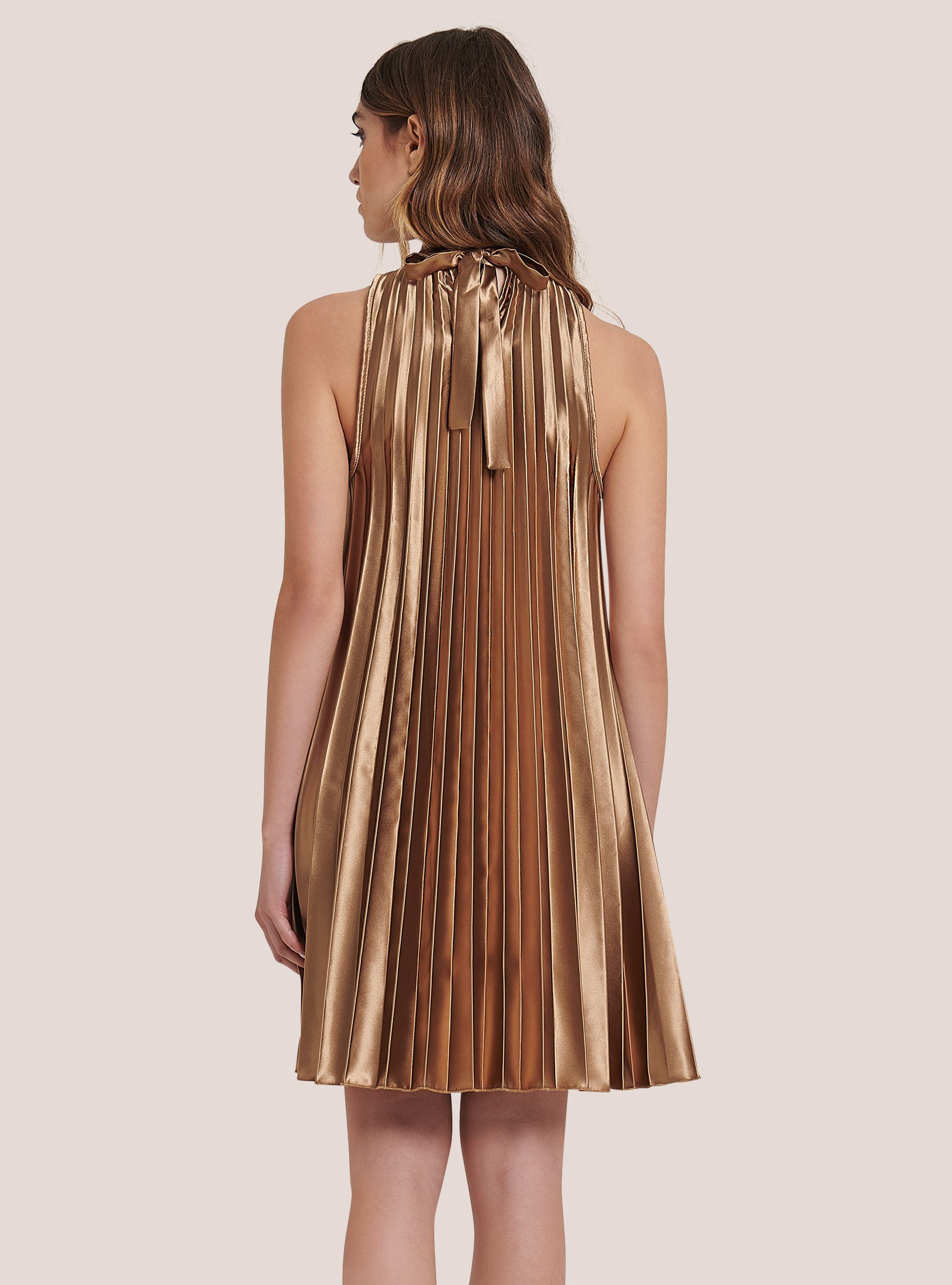 Pleated satin dress with halter neckline, C5620 CAMEL