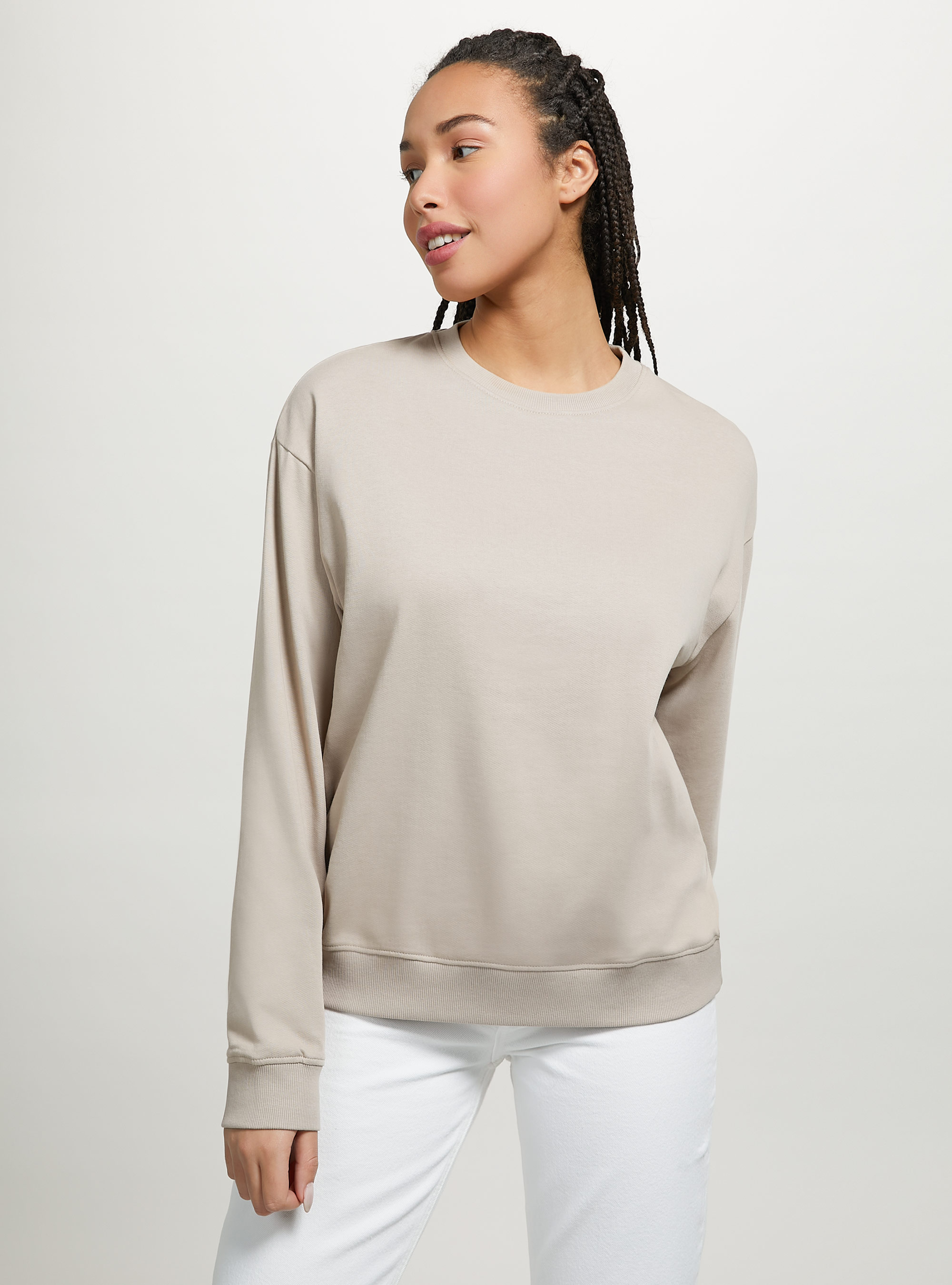 Sudadera lisa de algodón con cuello redondo, BG3 BEIGE LIGHT