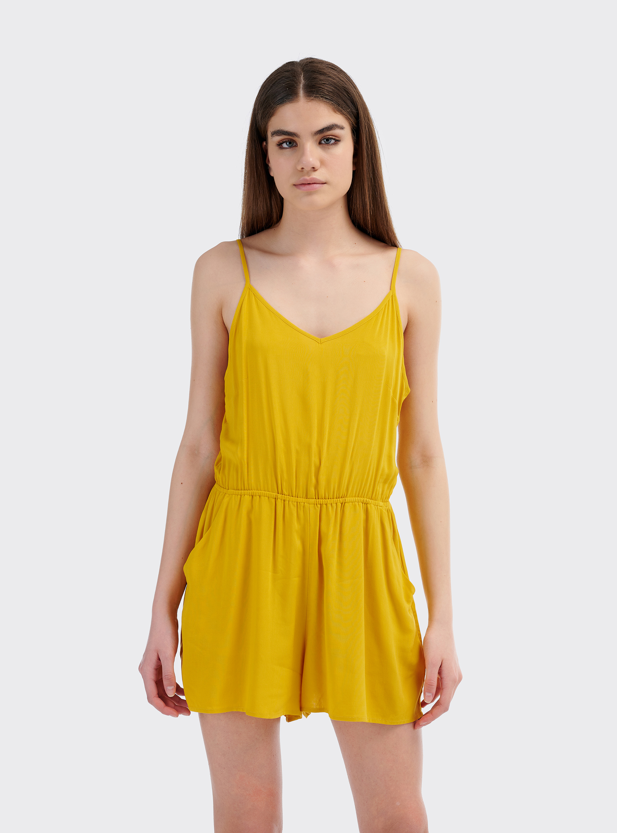 Tuta corta con elastico in vita, SENAPE