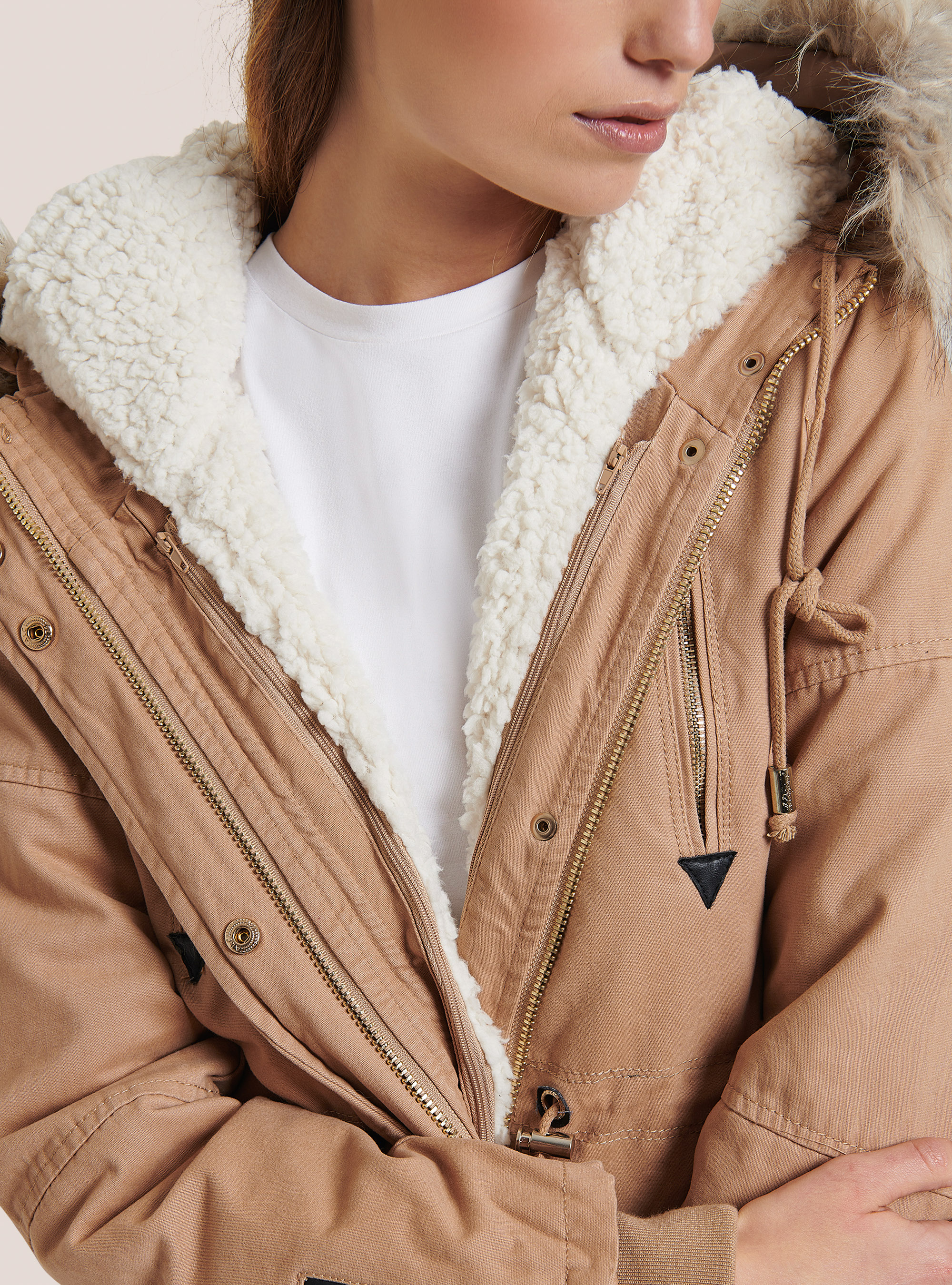 Giubbotto parka con cappuccio e interno agnellato, SABBIA