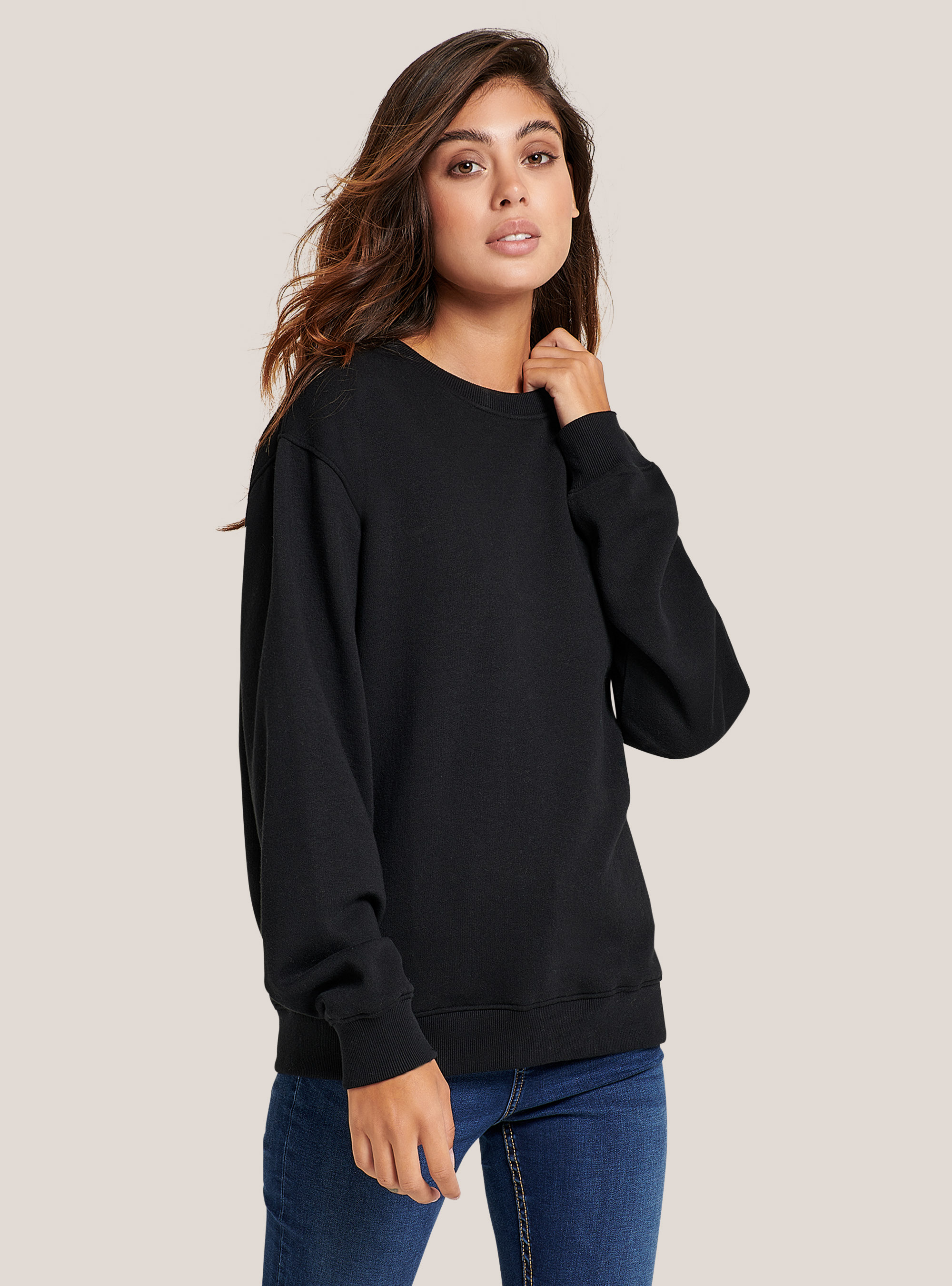 Basic round-neck cotton sweatshirt, BLACK