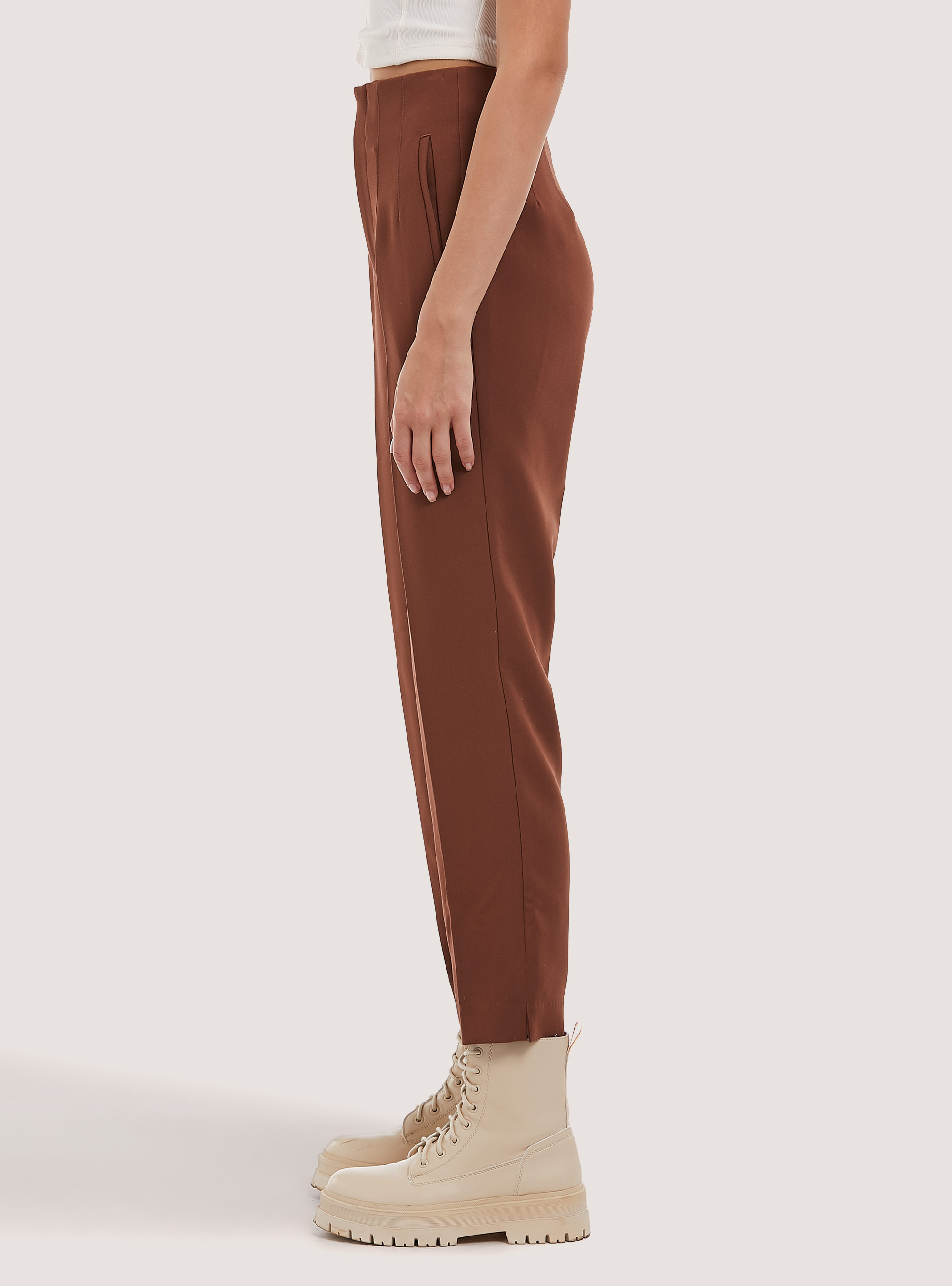 Pantalones de color liso con pinzas, BR2 BROWN MEDIUM