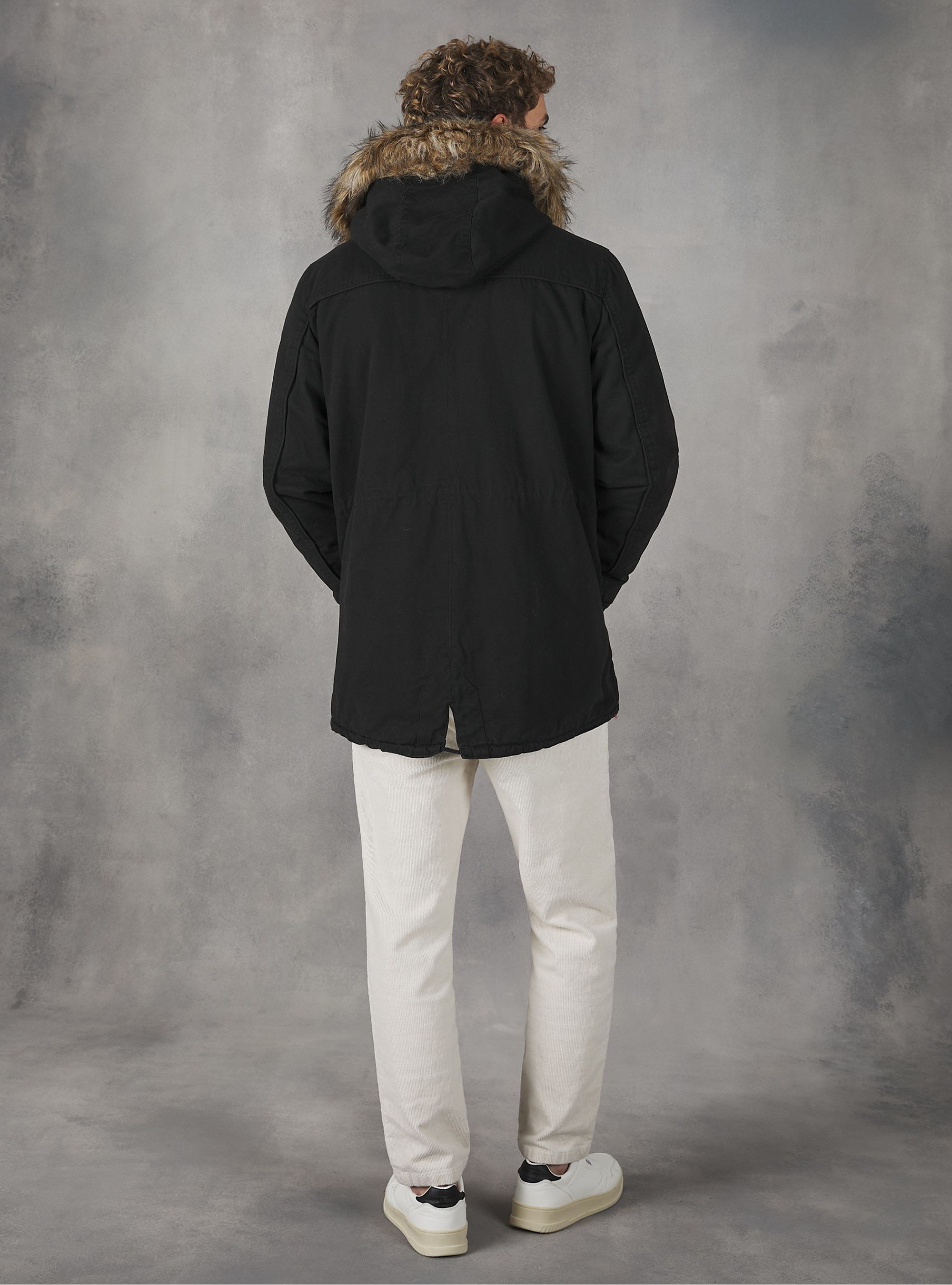 PARKA JACKET WITH FAKE LAMBSKIN, BLACK