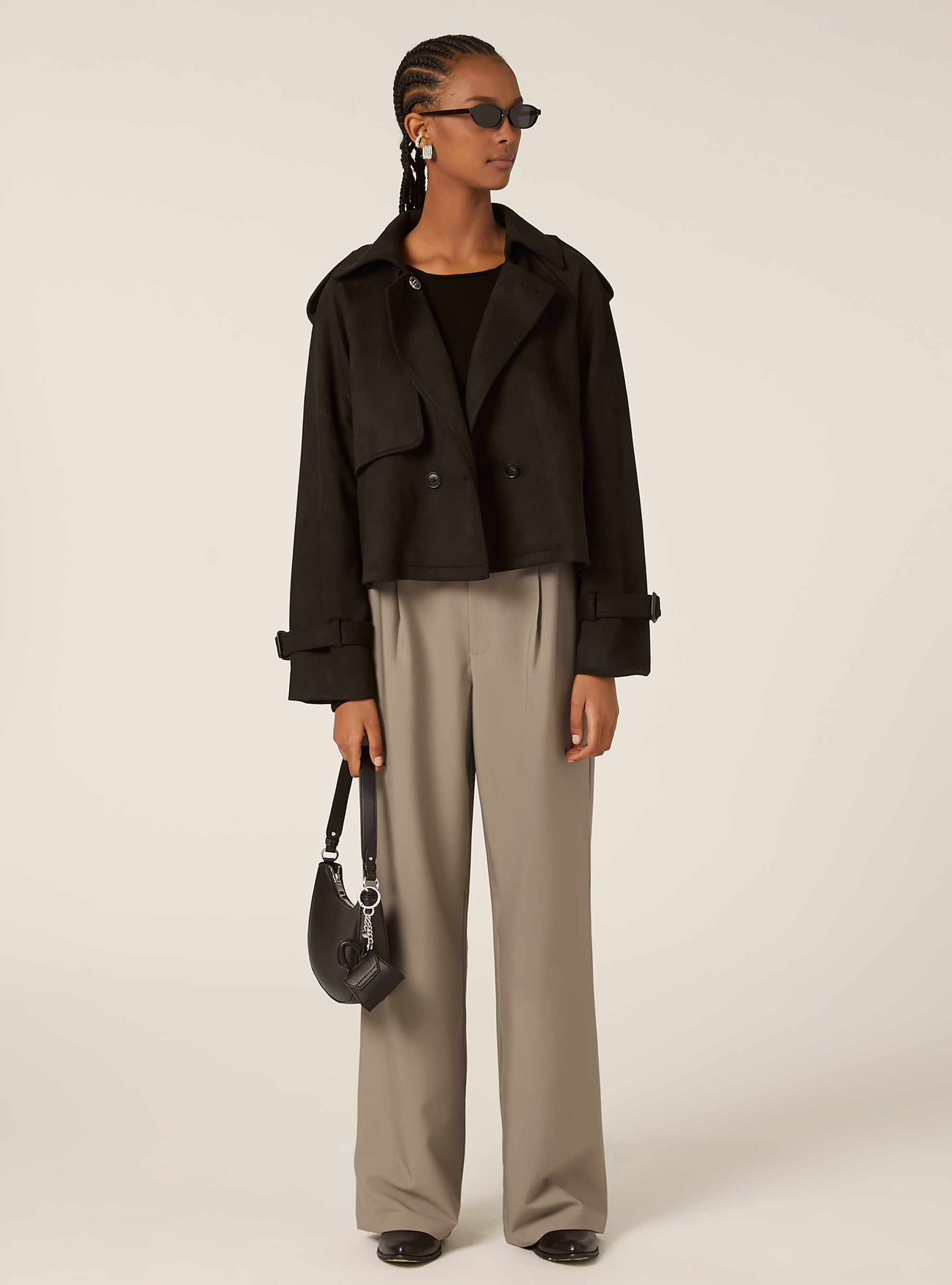 Cropped suede-effect trench coat, BK1 BLACK