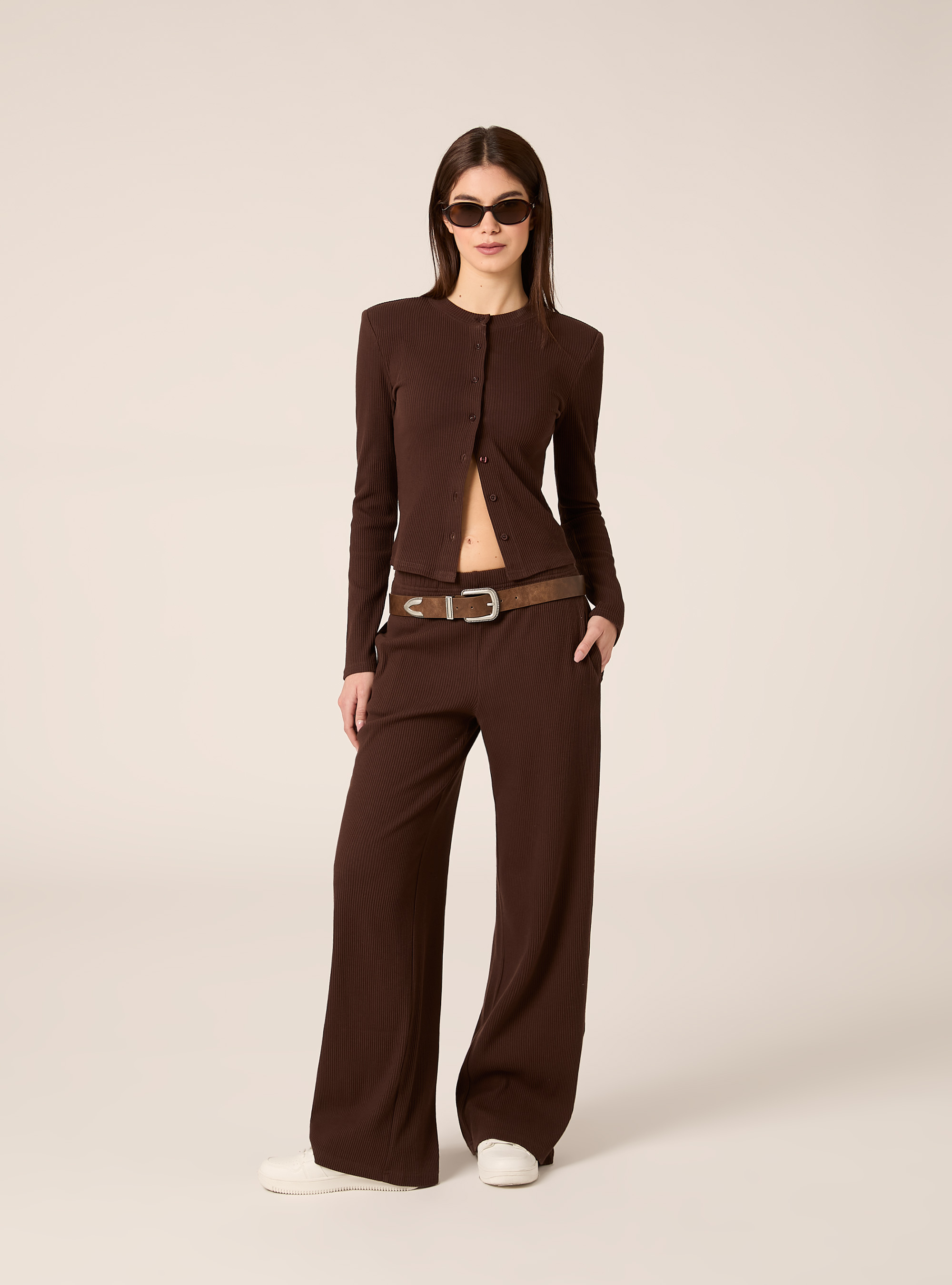 Cardigan in maglia a coste con spalline imbottite, BR1 BROWN DARK