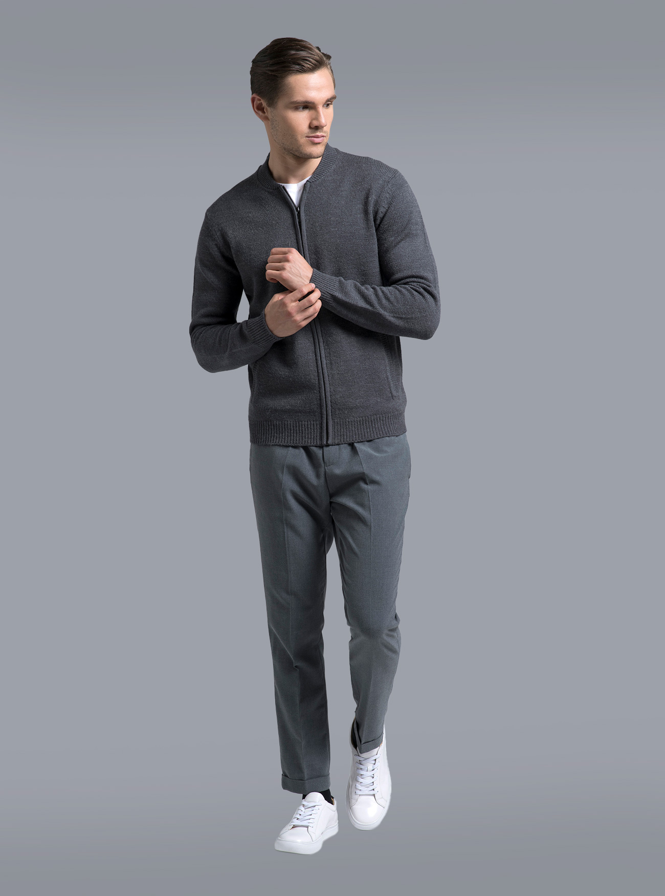 Cardigan con zip, DARK GREY MELANGE