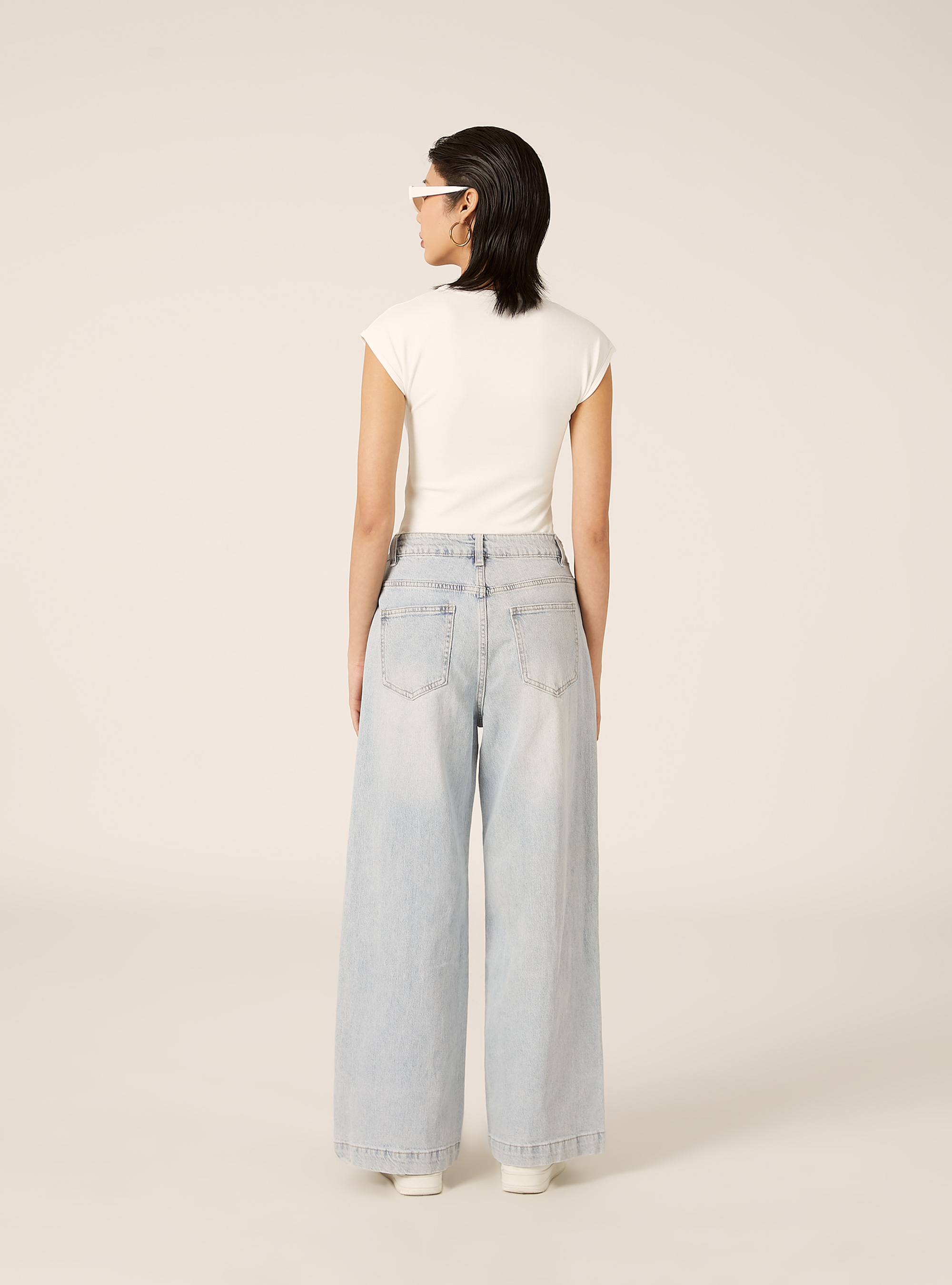 Jeans wide leg dettaglio pizzo laterale, D006 AZURE