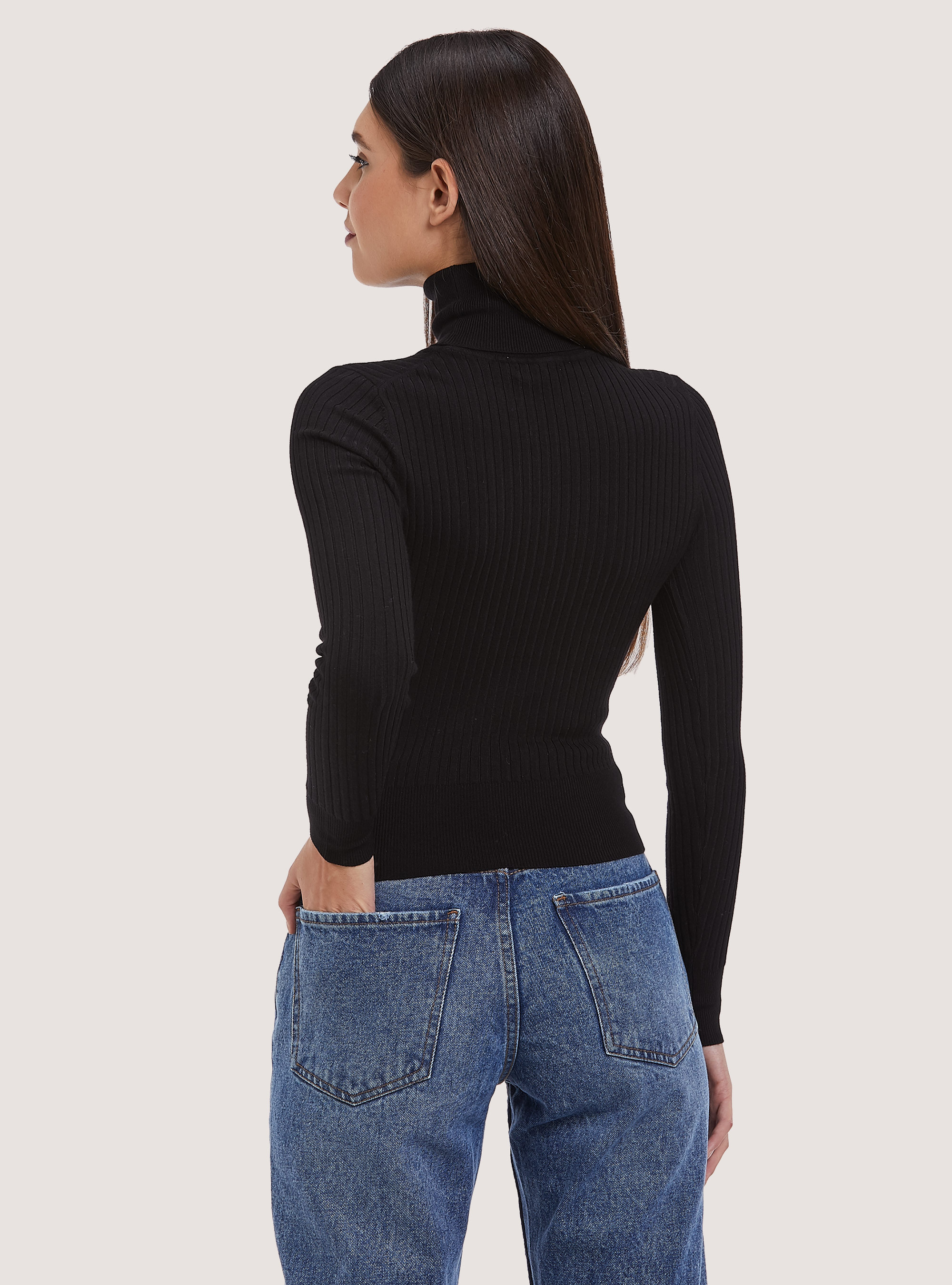 Pullover cropped a collo alto a coste, BK1 BLACK