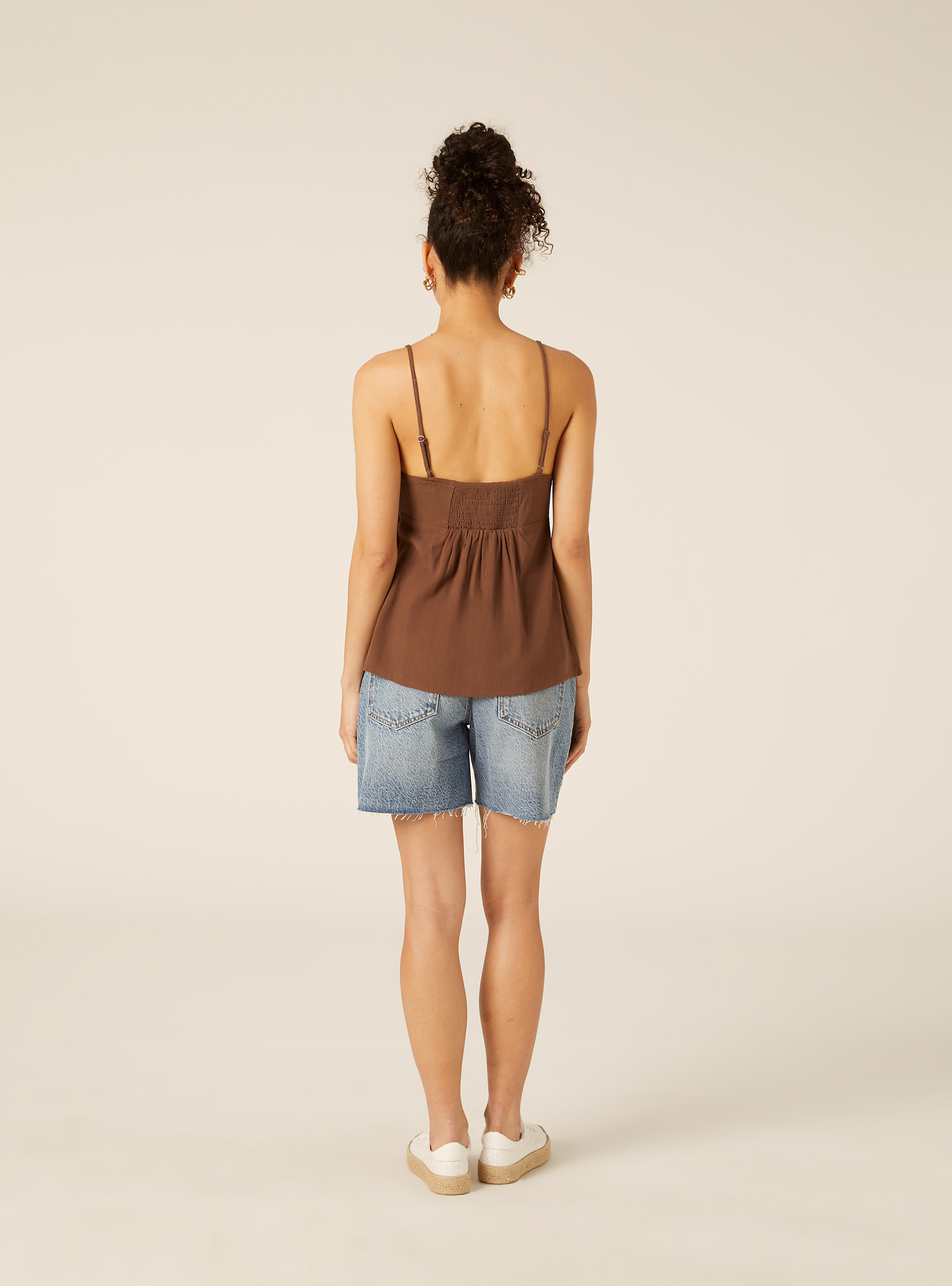 Top con spalline in misto lino, BR3 BROWN LIGHT