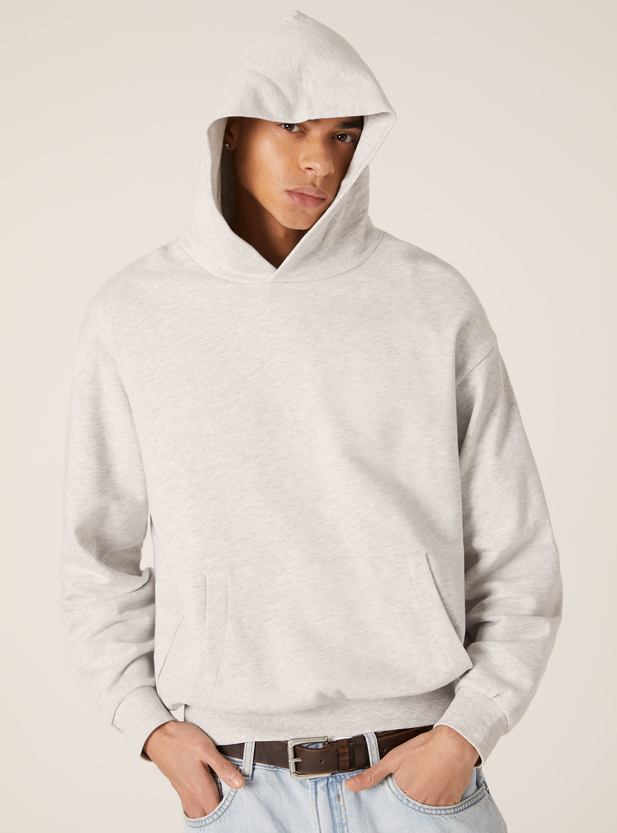Boxy Fit Hooded Sweatshirt, MGY3 GREY MEL LIGHT