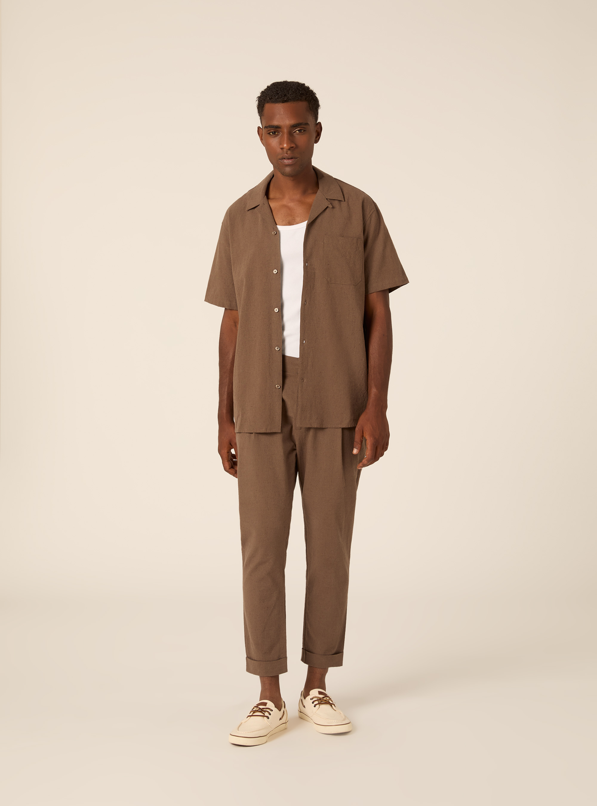 Pantalone con elastico in vita in misto lino, MBR2 BROWN MEL MED