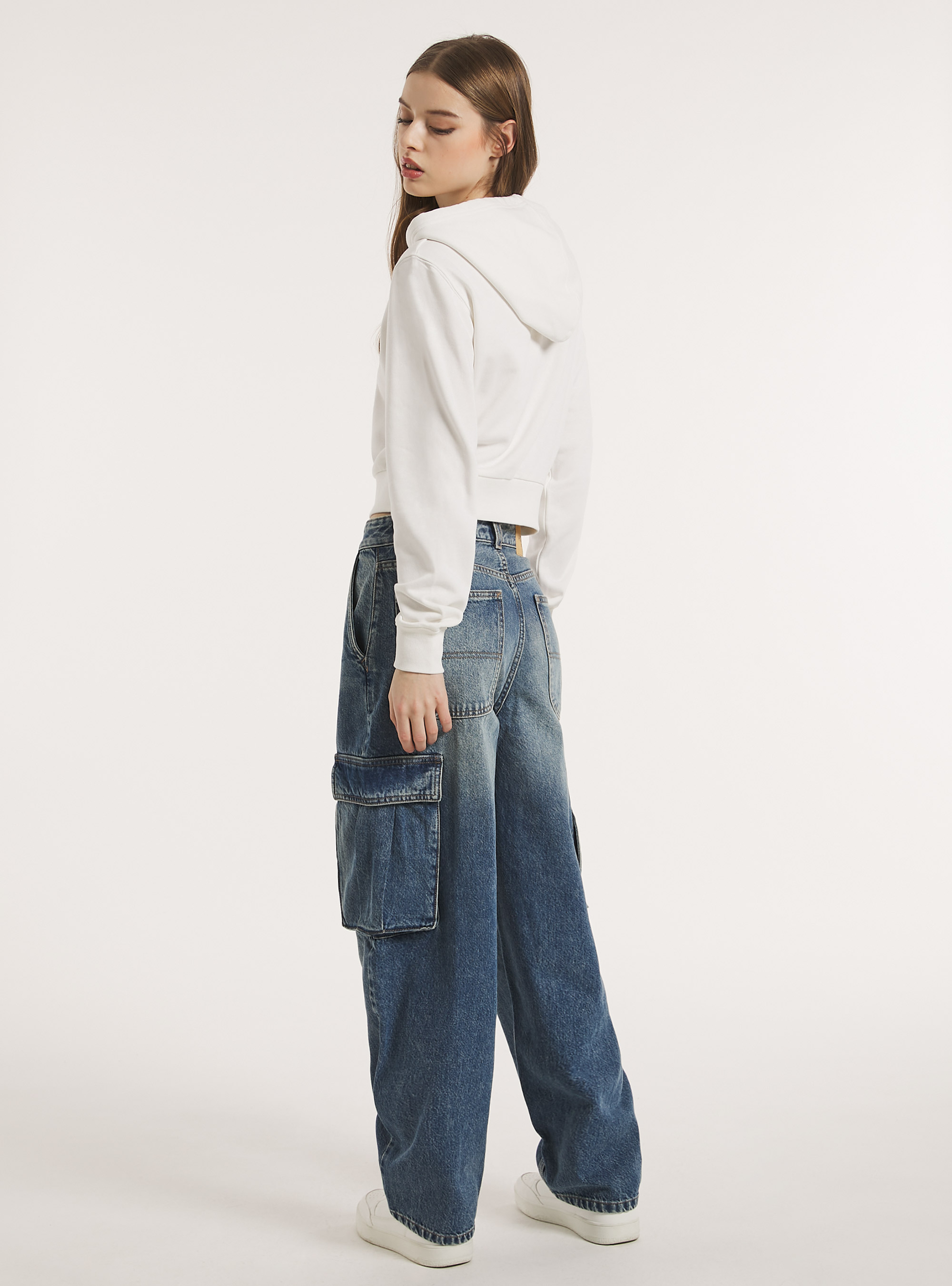 Cropped sweatshirt with zip and hood, WH2 WHITE