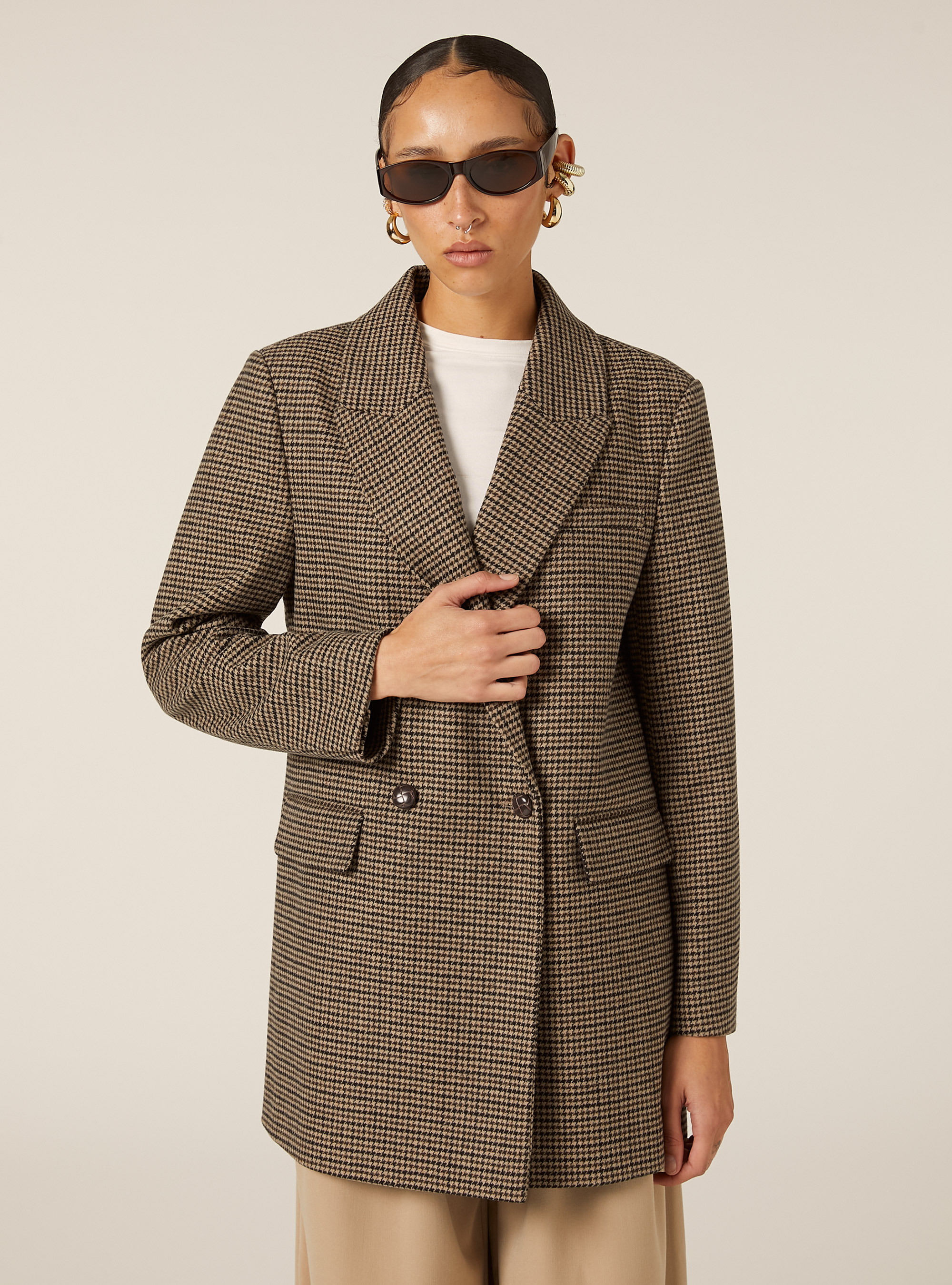 Double-breasted checked coat, BG2 BEIGE MEDIUM