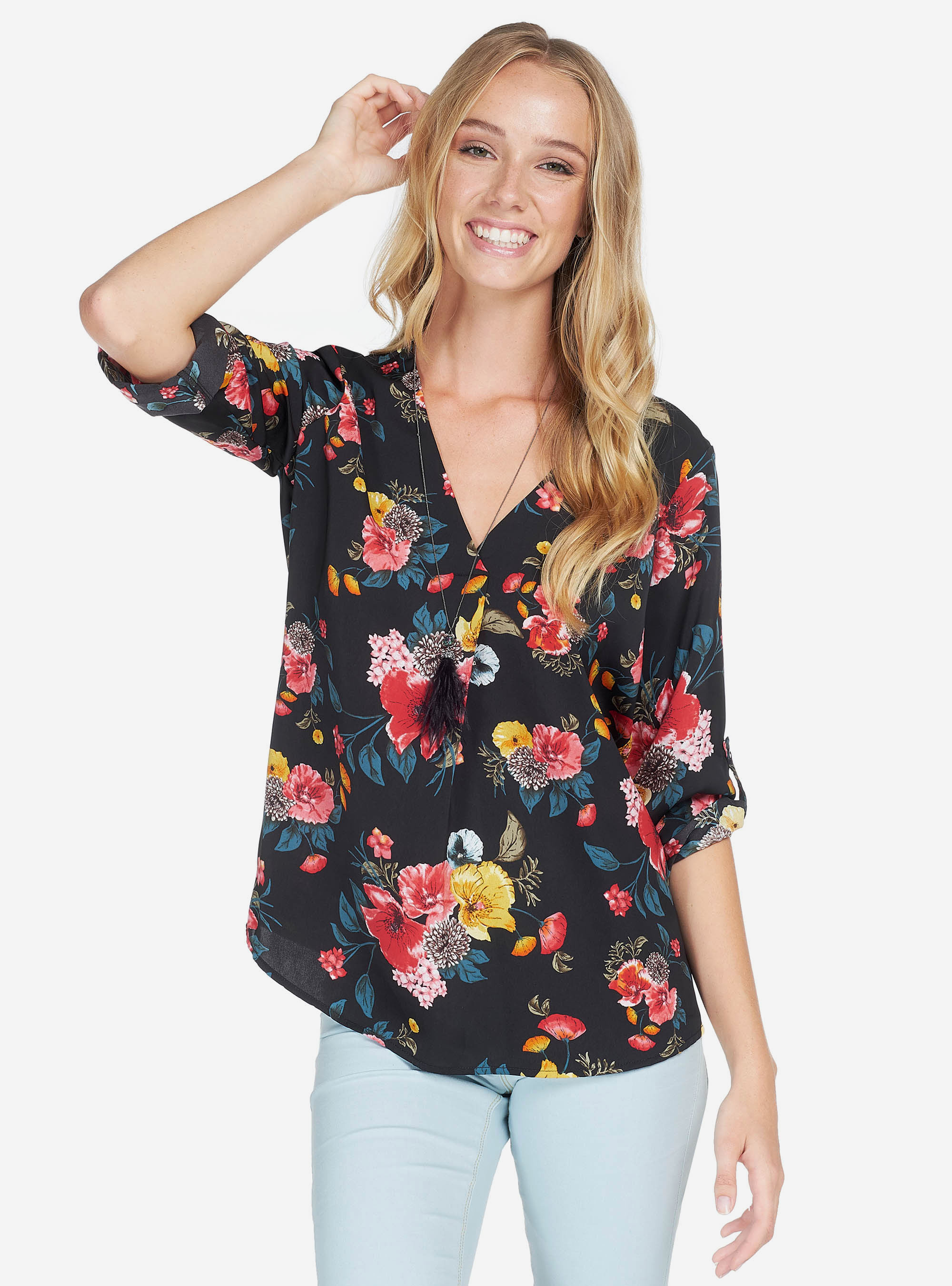 3/4 SLEEVES PRINTED BLOUSE, MULTICOLOR