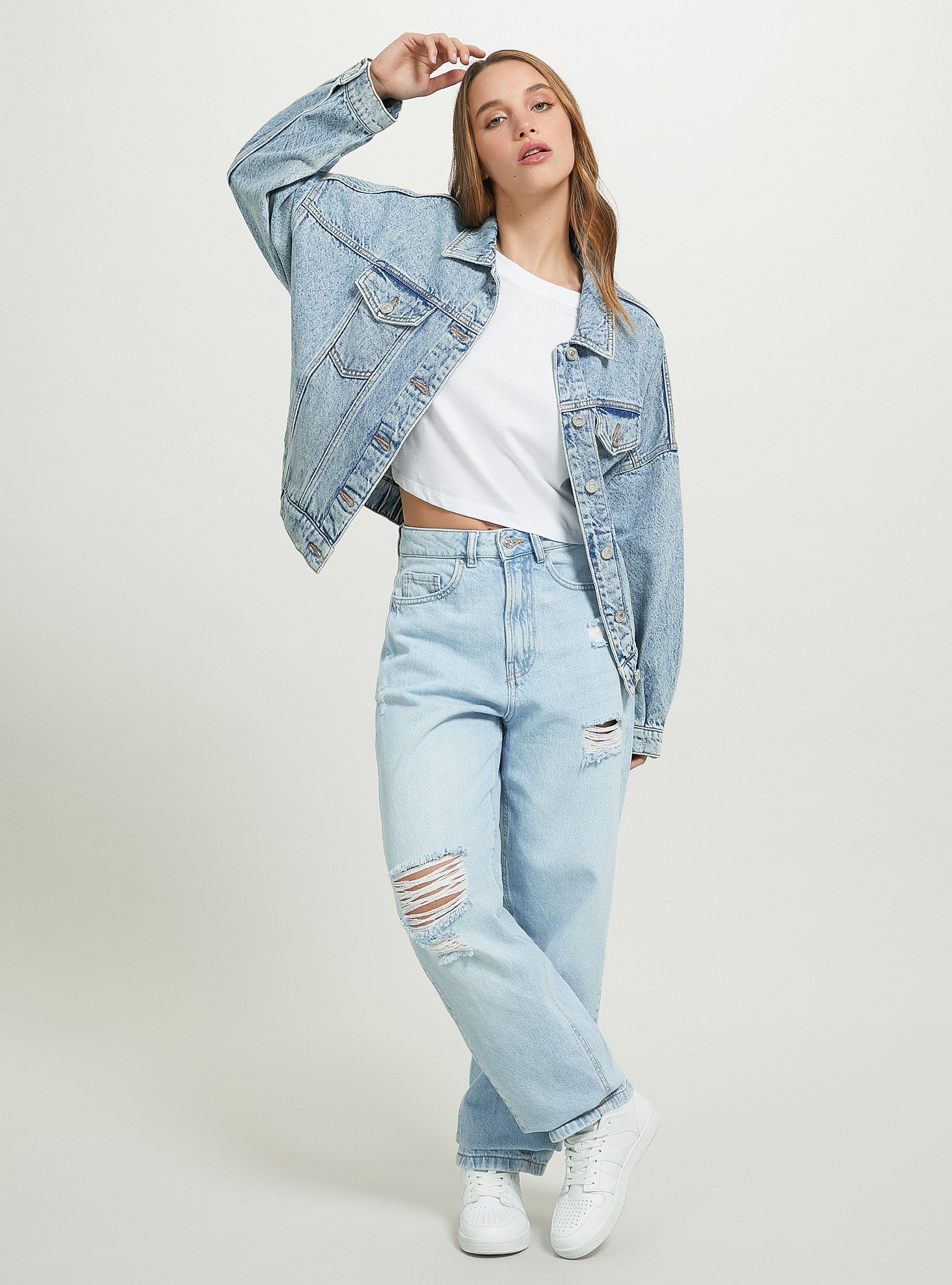 Giubbotto denim con elastico in vita, D006 AZURE