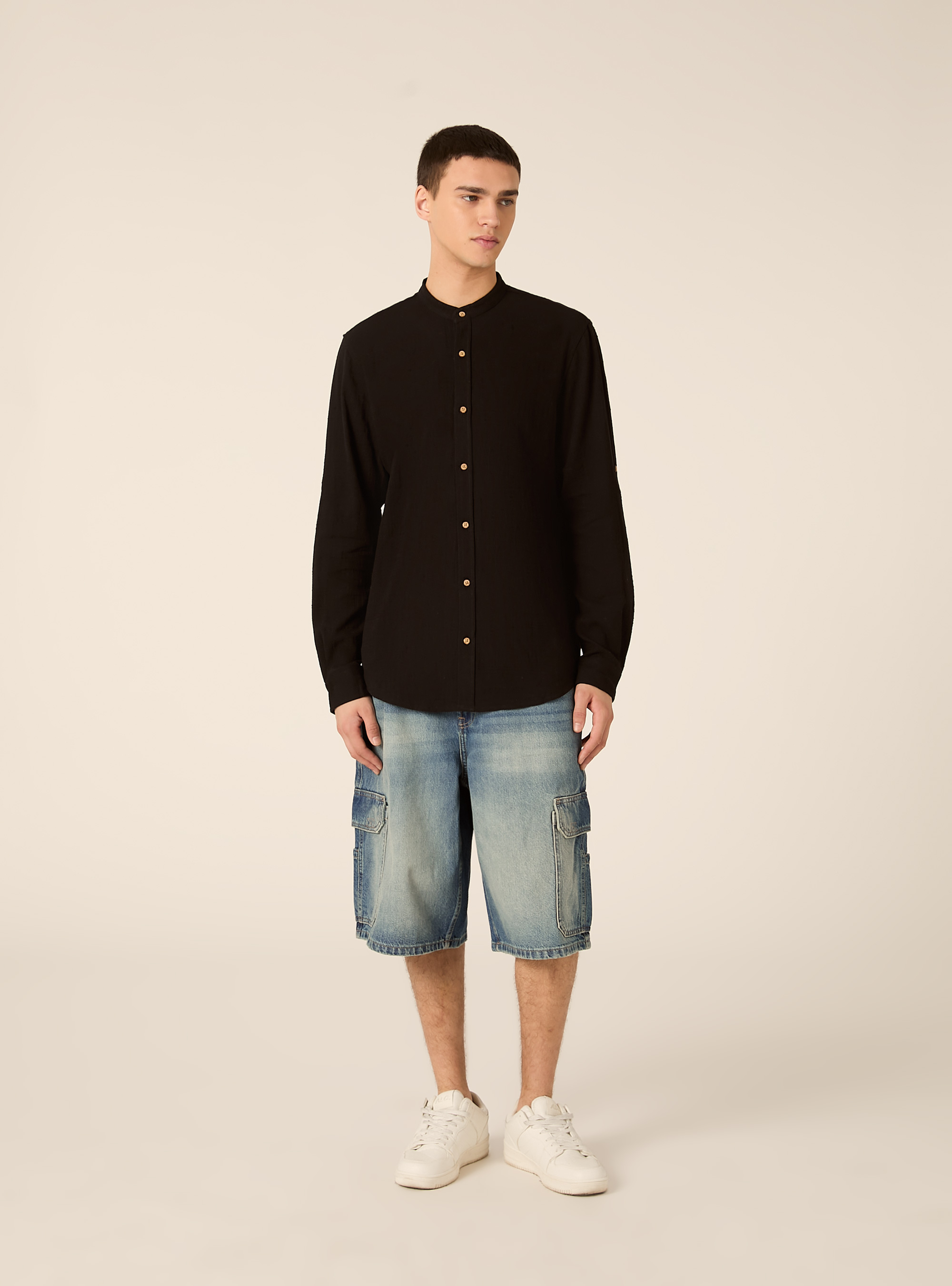 Camicia con collo alla coreana in misto lino, BK1 BLACK