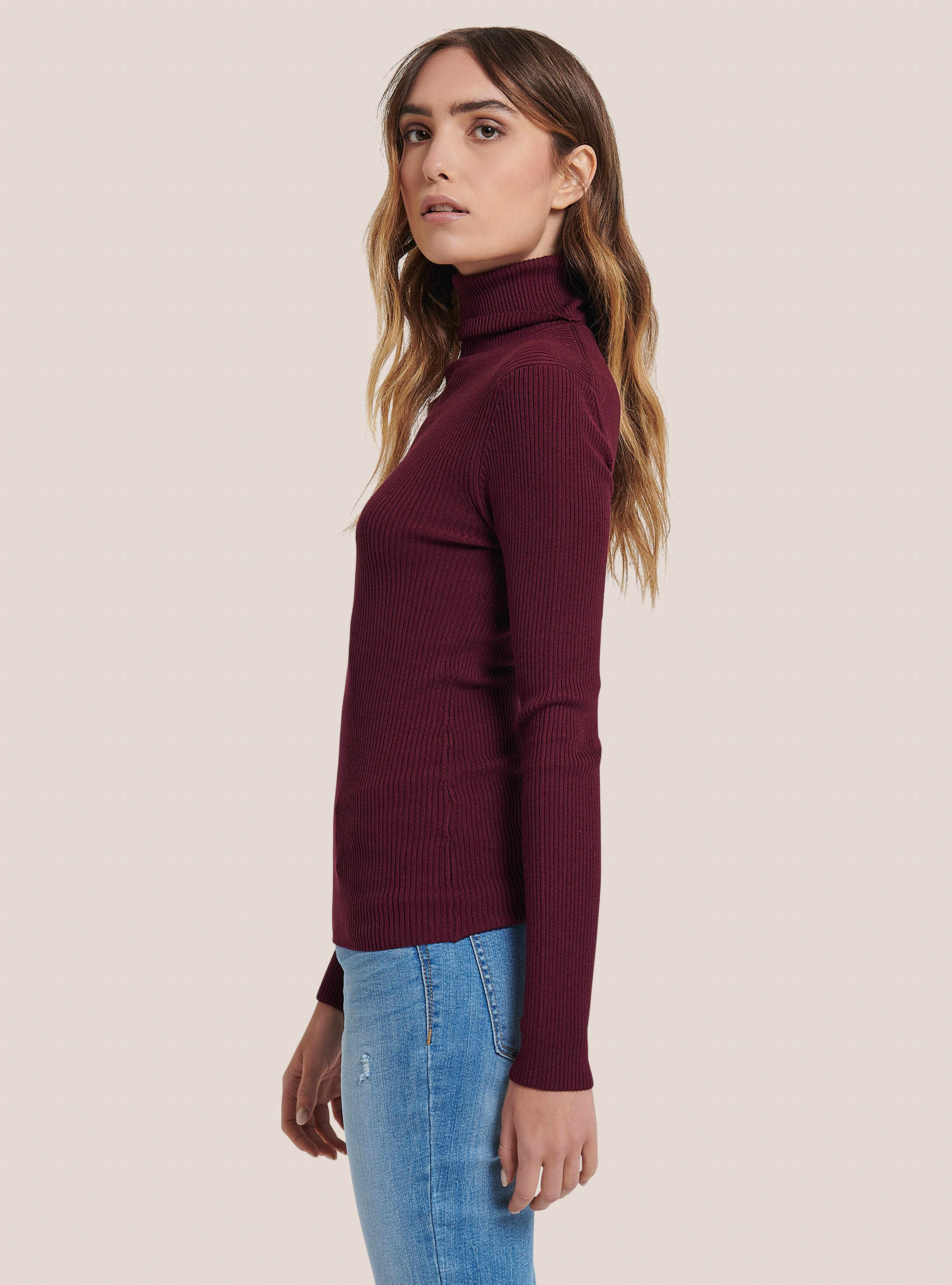 Ribbed turtleneck pullover, BORDEAUX