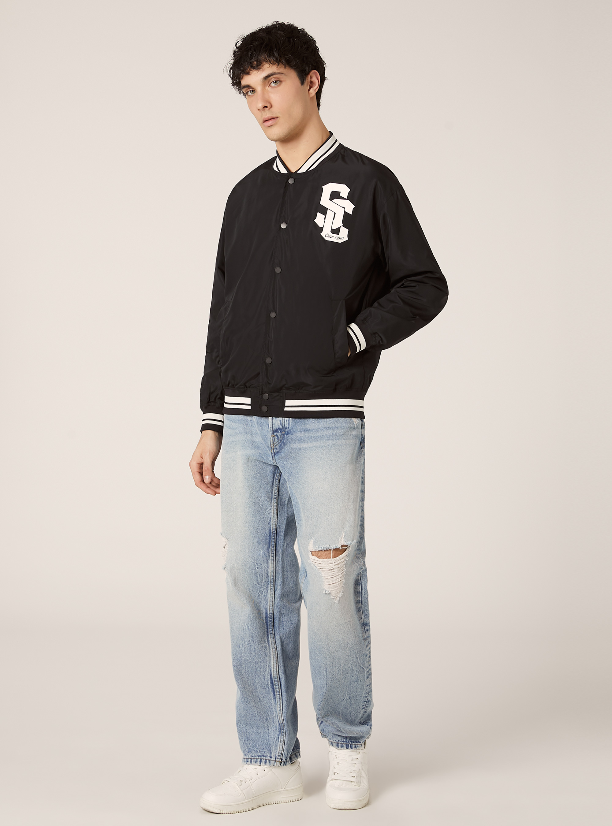 Lightweight bomber jacket with print, BK1 BLACK