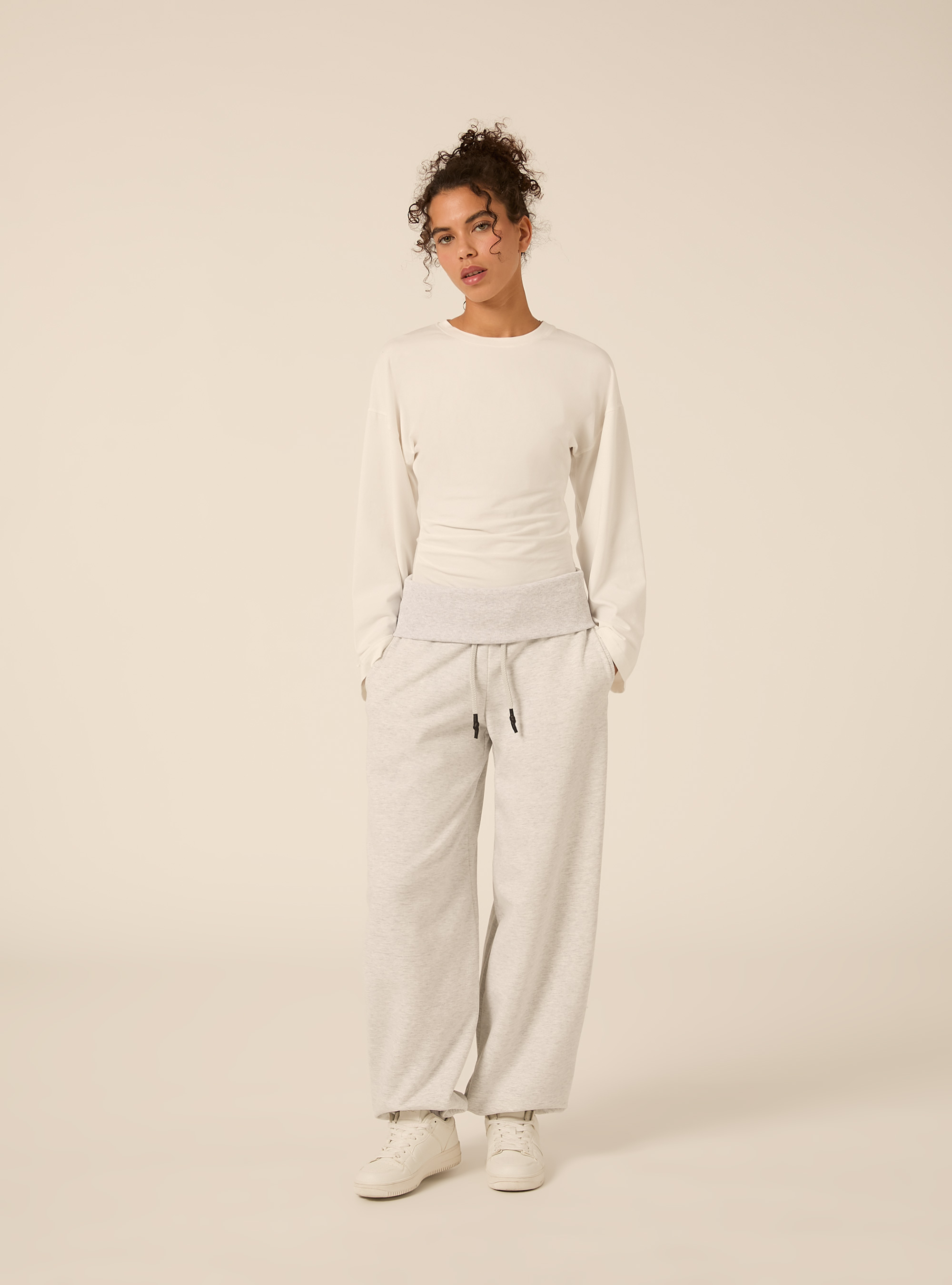 Pantaloni Jogger barrel fit con fascia risvoltata, GRIGIO CHIARO MELANGE