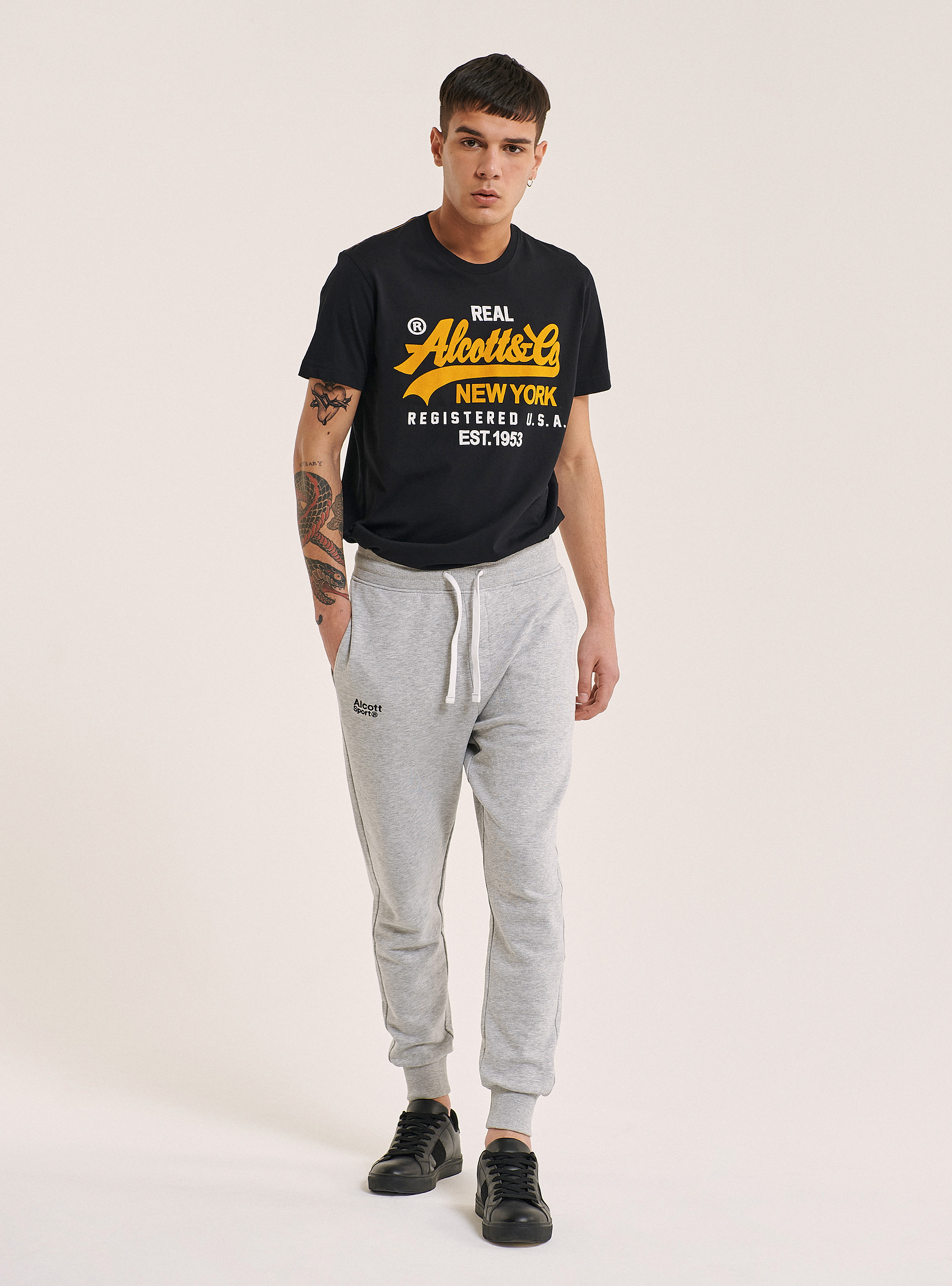 Pantaloni jogger con ricamo logo in cotone, GRIGIO CHIARO MELANGE