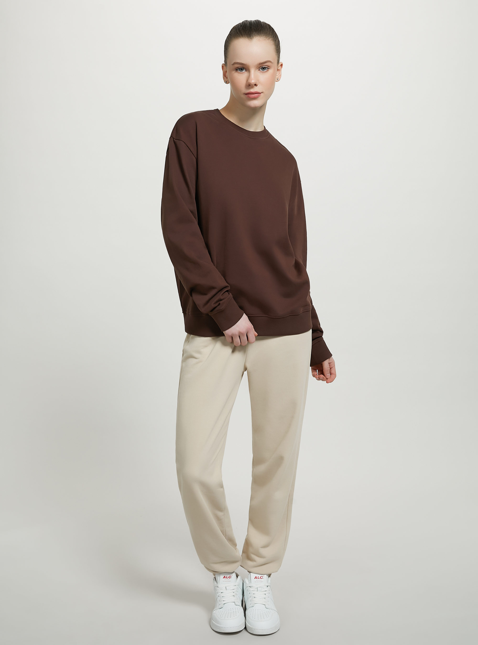 Felpa girocollo in cotone in tinta unita, BR1 BROWN DARK