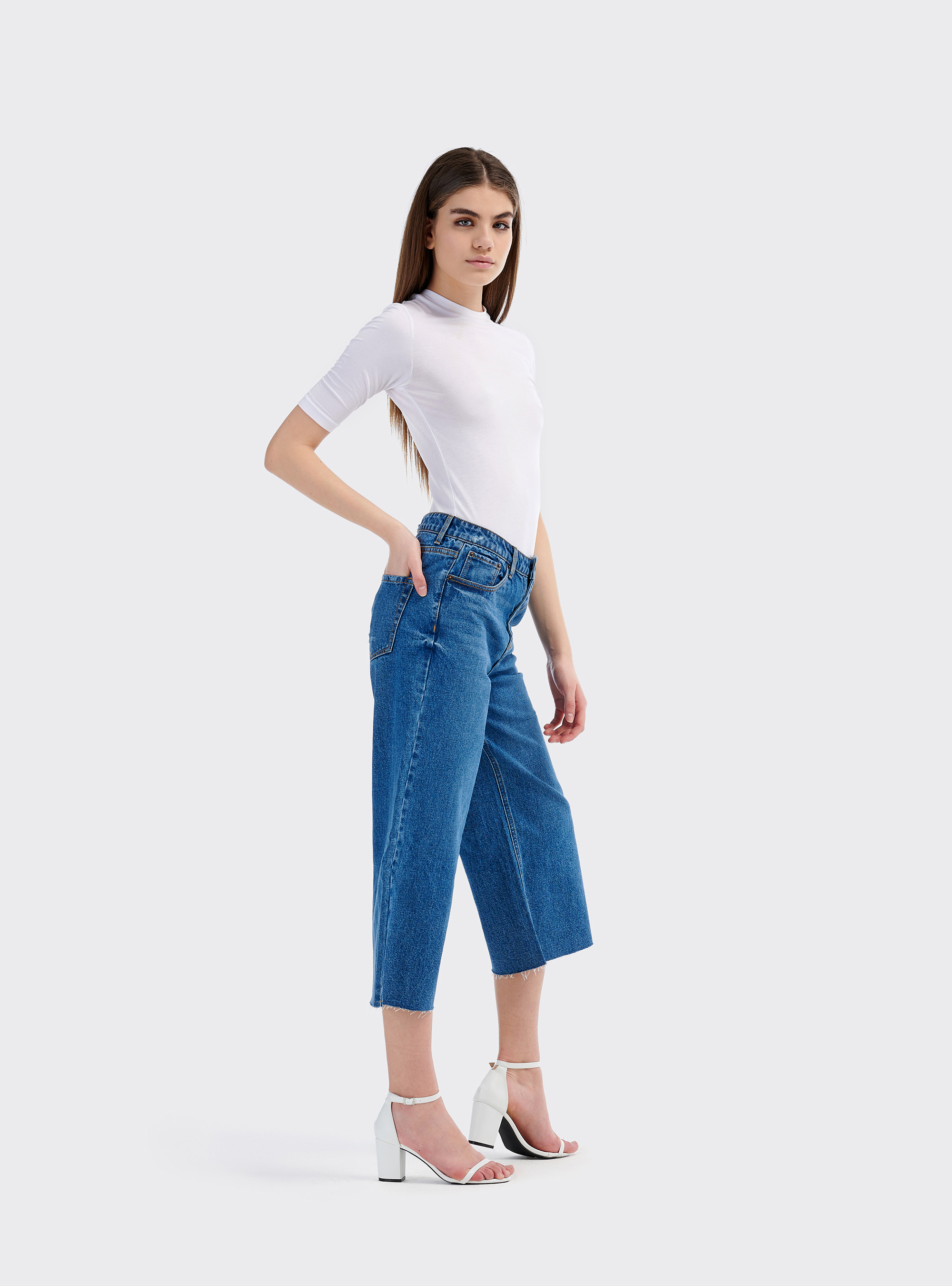 Jeans crop wide leg, BLUE NAVY
