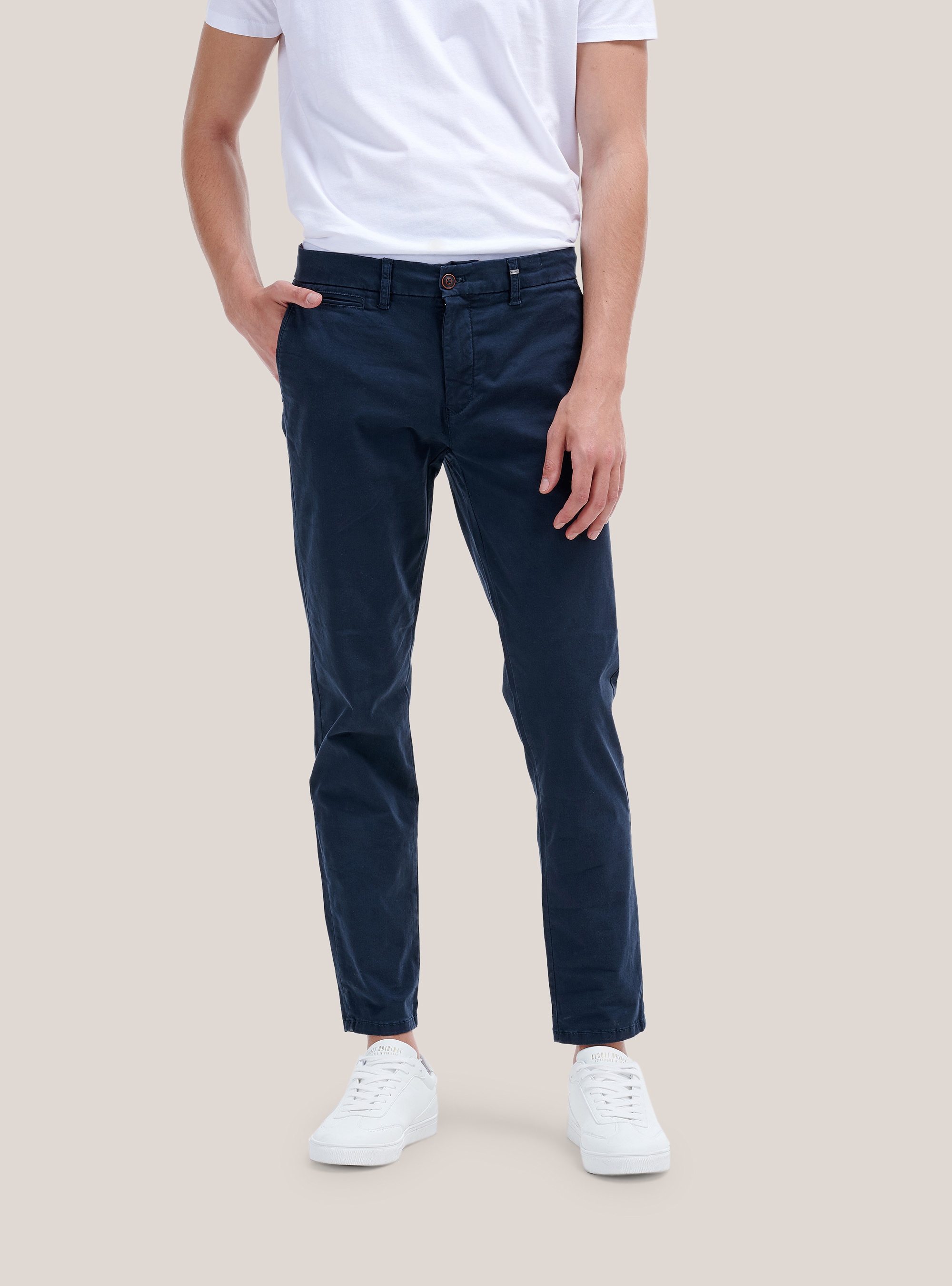 Pantaloni chinos twill stretch in cotone sostenibile, BLU MARINO