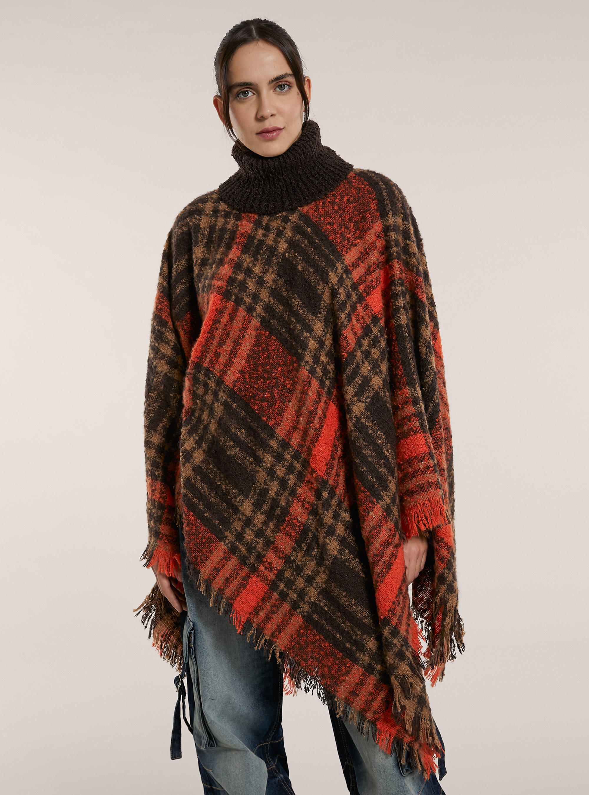 Poncho collo alto fantasia a quadri, MULTICOLOR