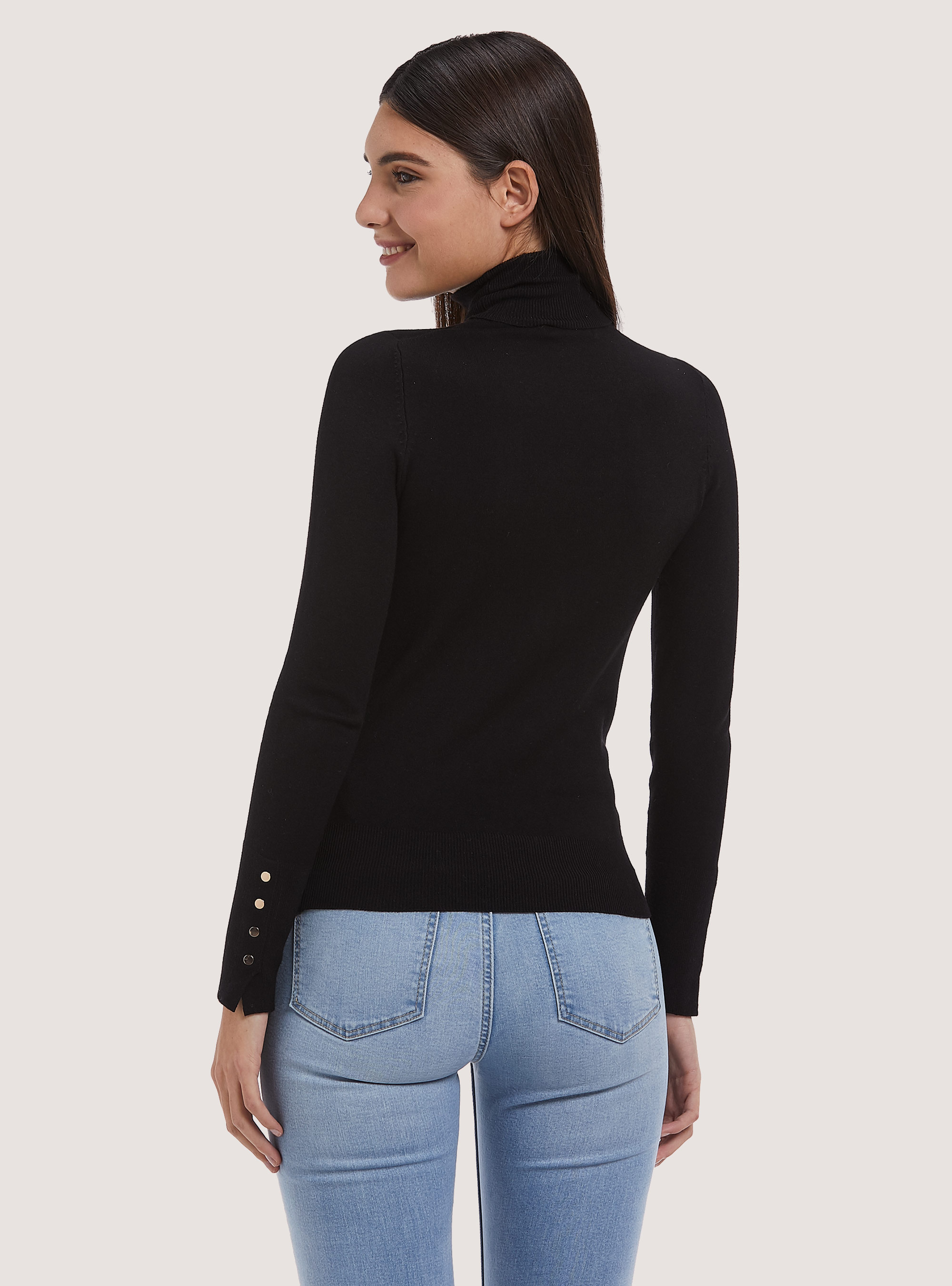 Pullover a collo alto con bottoni sulla manica, BK1 BLACK