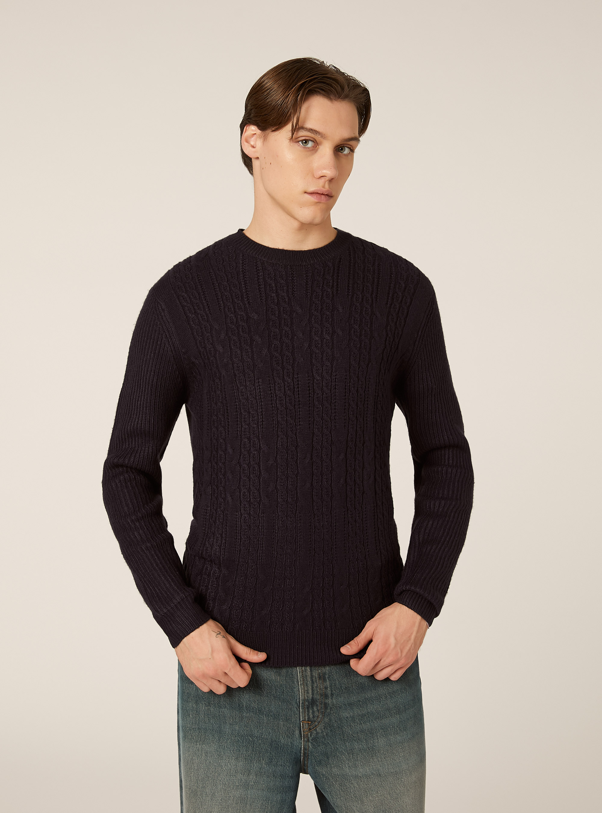 Maglione girocollo trecce, BL2 BLUE MEDIUM