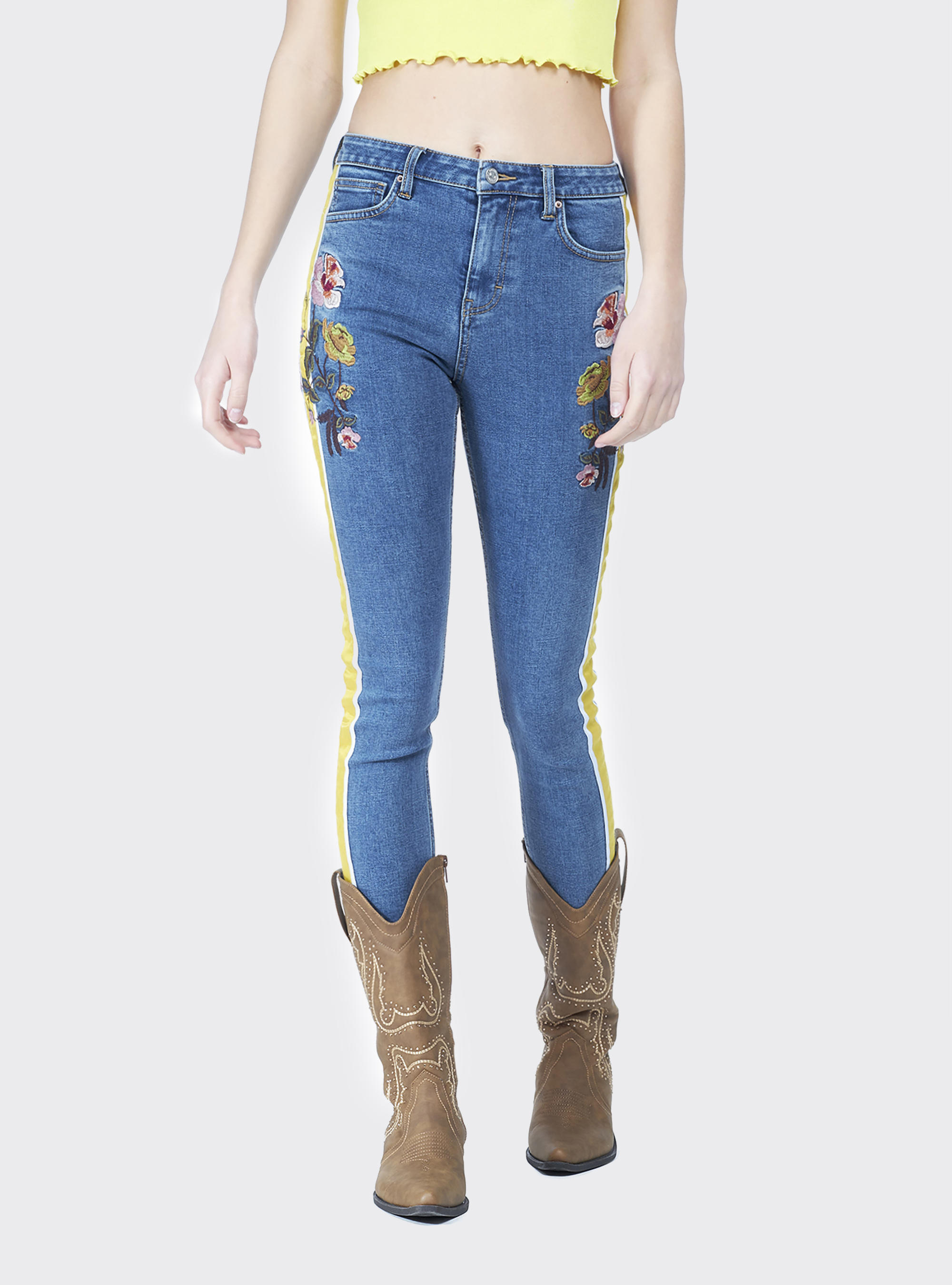 Jeans skinny fit con ricamo fiori a vita alta, AZZURRO