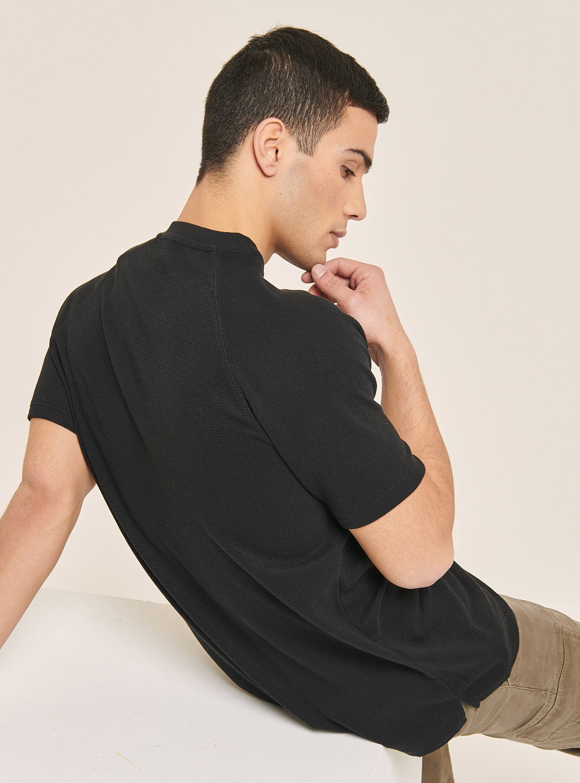 Textured cotton T-shirt, BK1 BLACK
